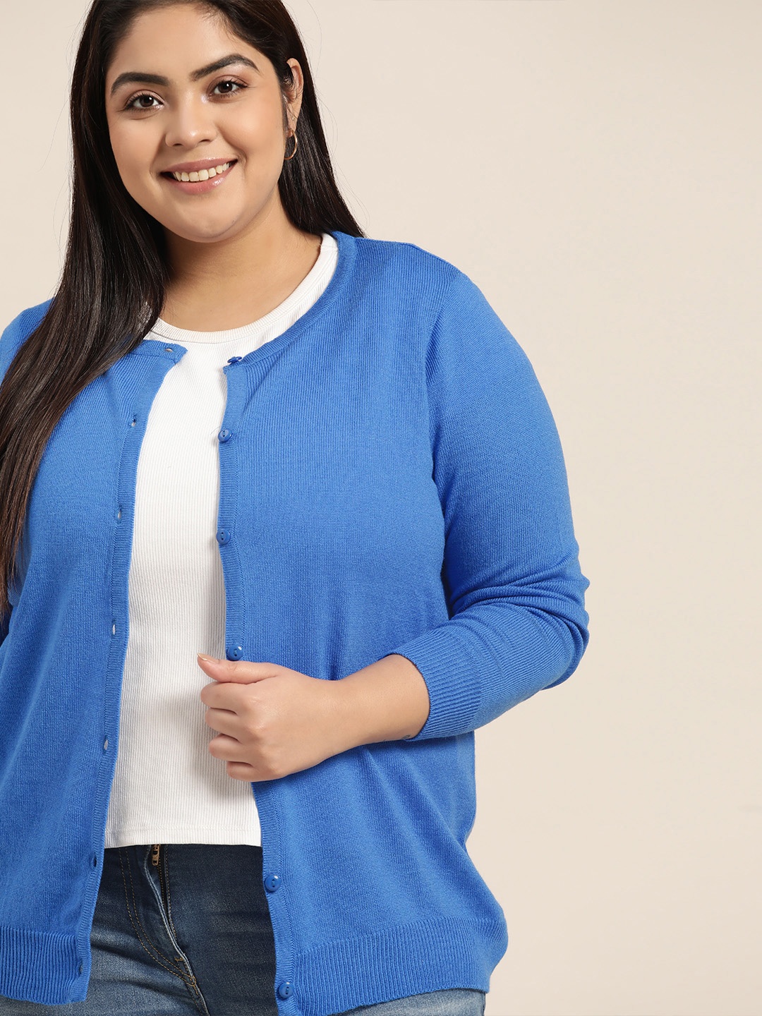 

Sztori Women Plus Size Blue Solid Acrylic Cardigan
