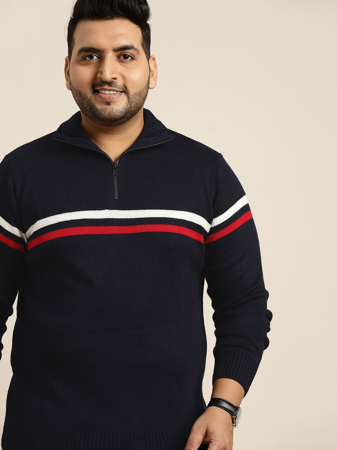 

Sztori Men Plus Size Navy Blue & White Striped Pullover