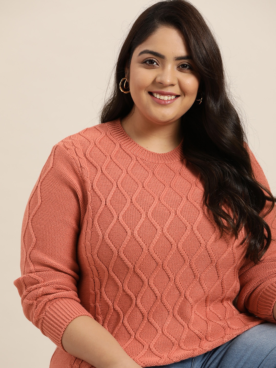 

Sztori Women Plus Size Peach Cable Knit Pullover