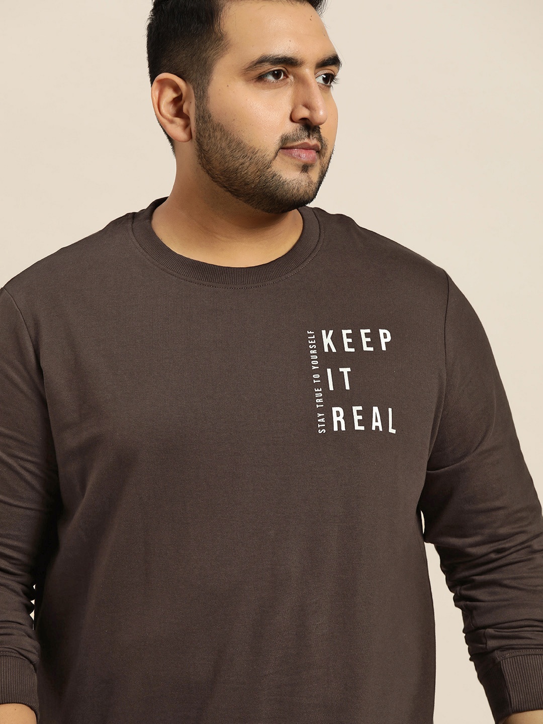 

Sztori Men Plus Size Coffee Brown & White Pure Cotton Printed Sweatshirt
