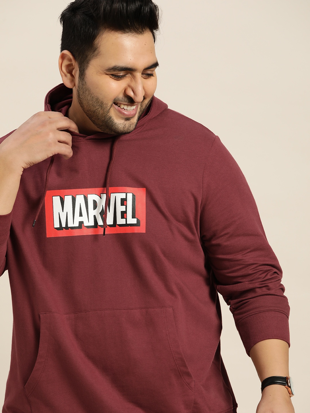 

Sztori Marvel Men Plus Size Maroon Pure Cotton Printed Hooded Sweatshirt