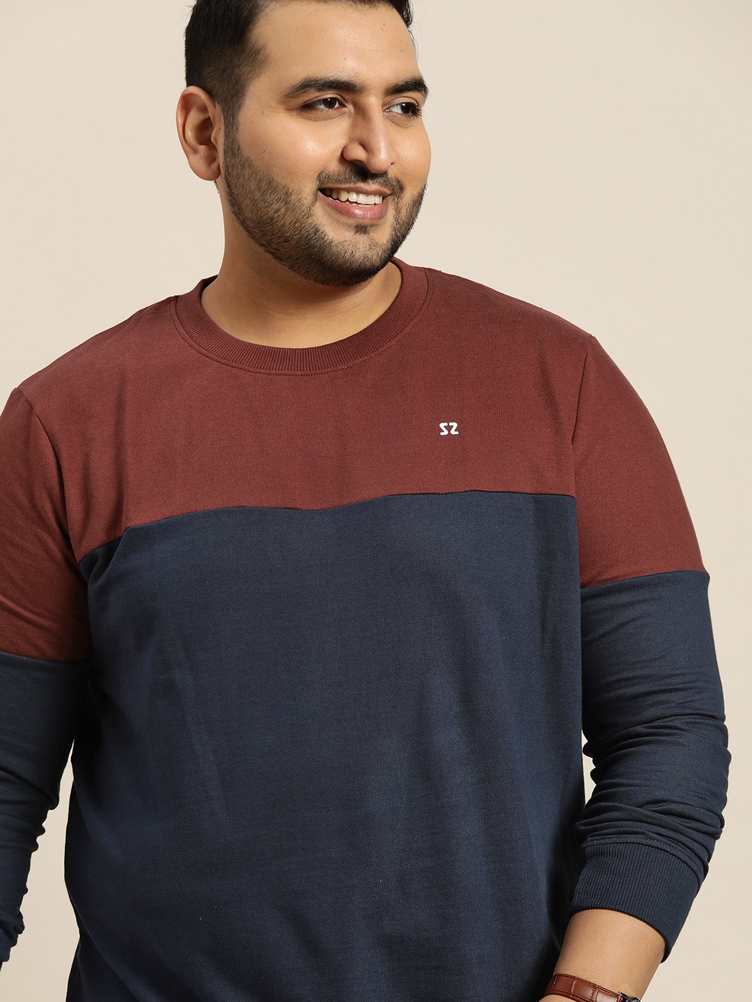 

Sztori Men Plus Size Maroon & Navy Blue Colourblocked Pure Cotton Sweatshirt