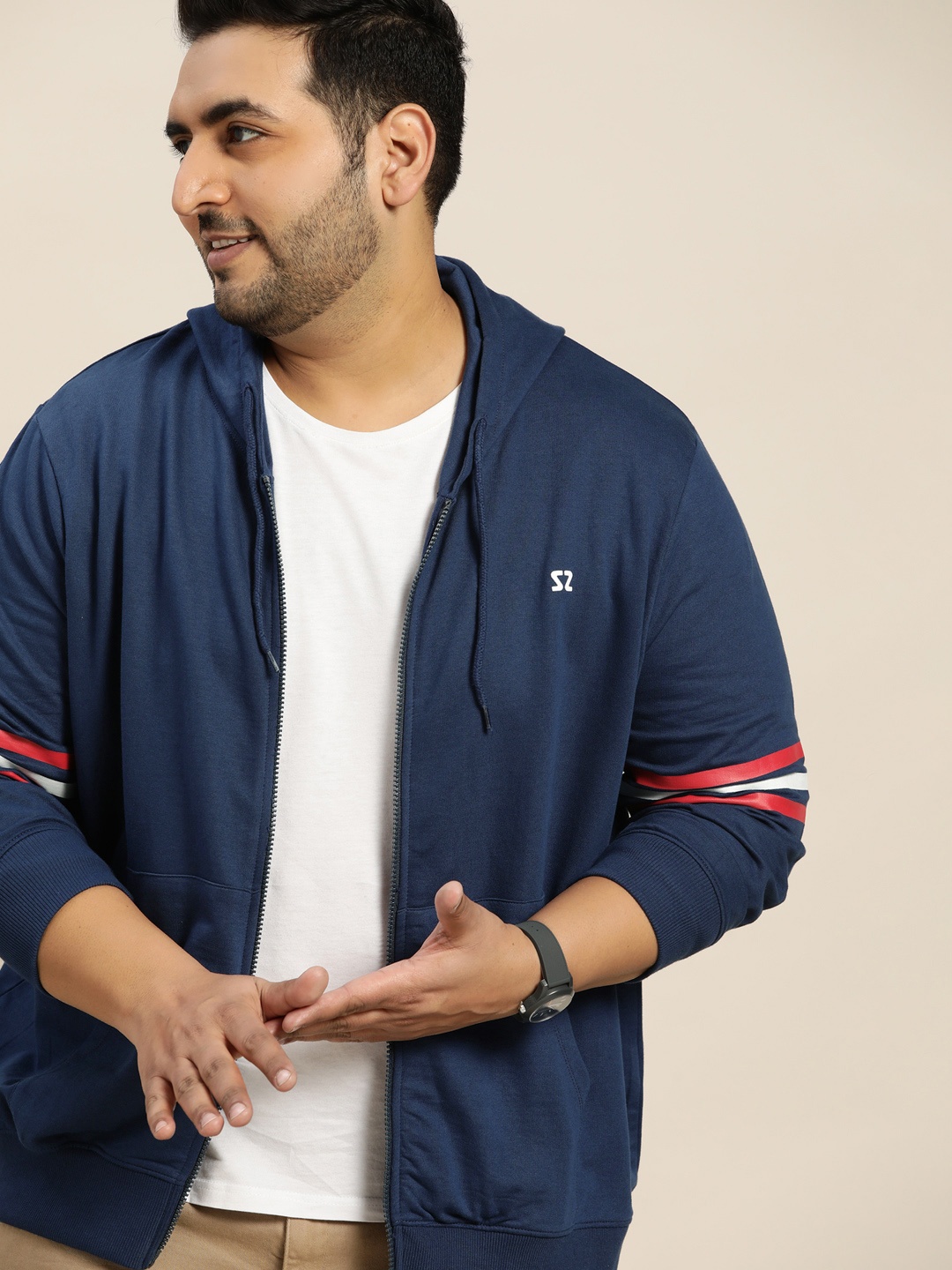 

Sztori Men Plus Size Navy Blue Pure Cotton Solid Hooded Sweatshirt