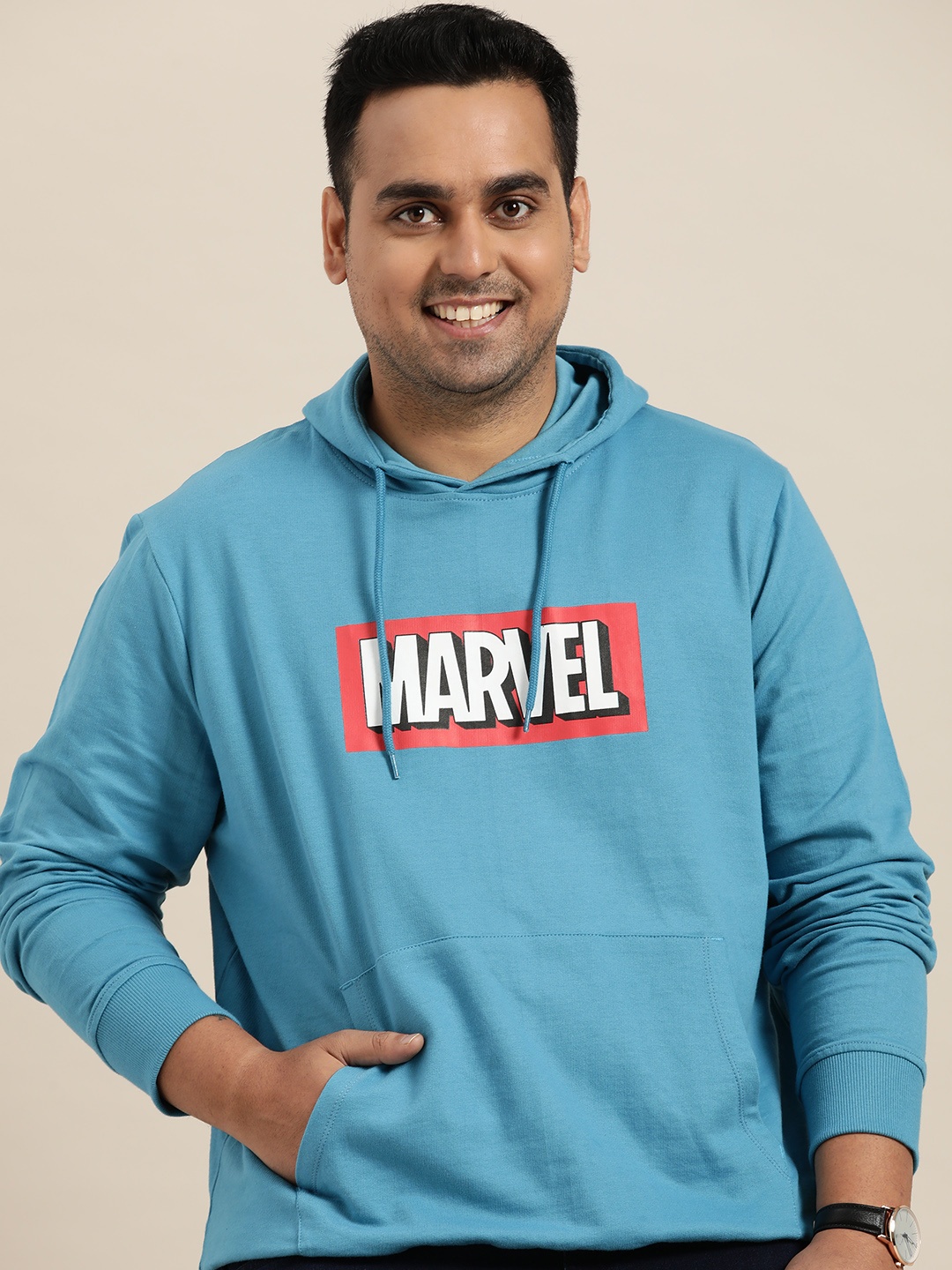 

Sztori Marvel Men Plus Size Blue & Red Marvel Print Cotton Hooded Sweatshirt