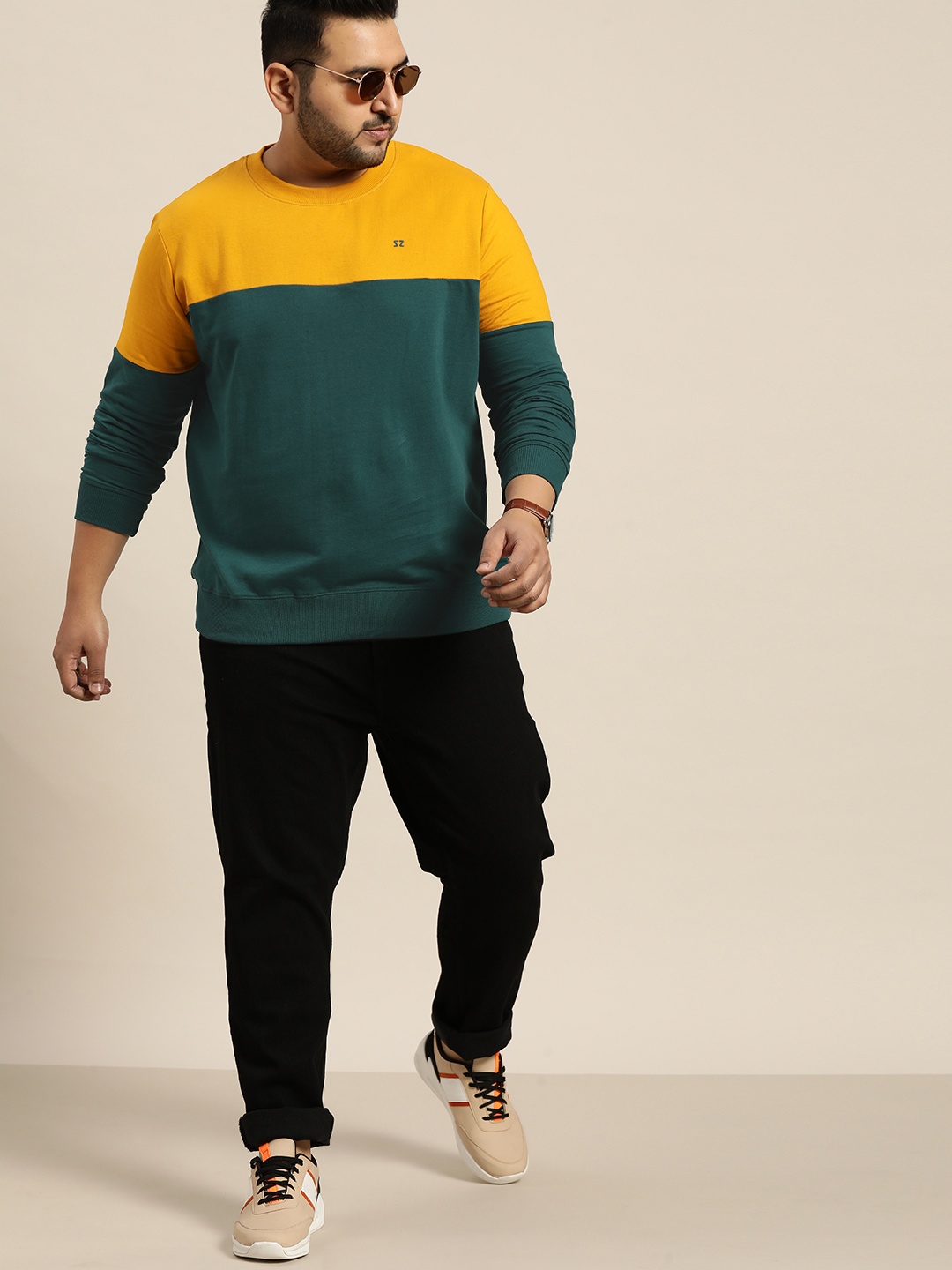 

Sztori Men Plus Size Mustard Yellow & Green Colourblocked Pure Cotton Sweatshirt