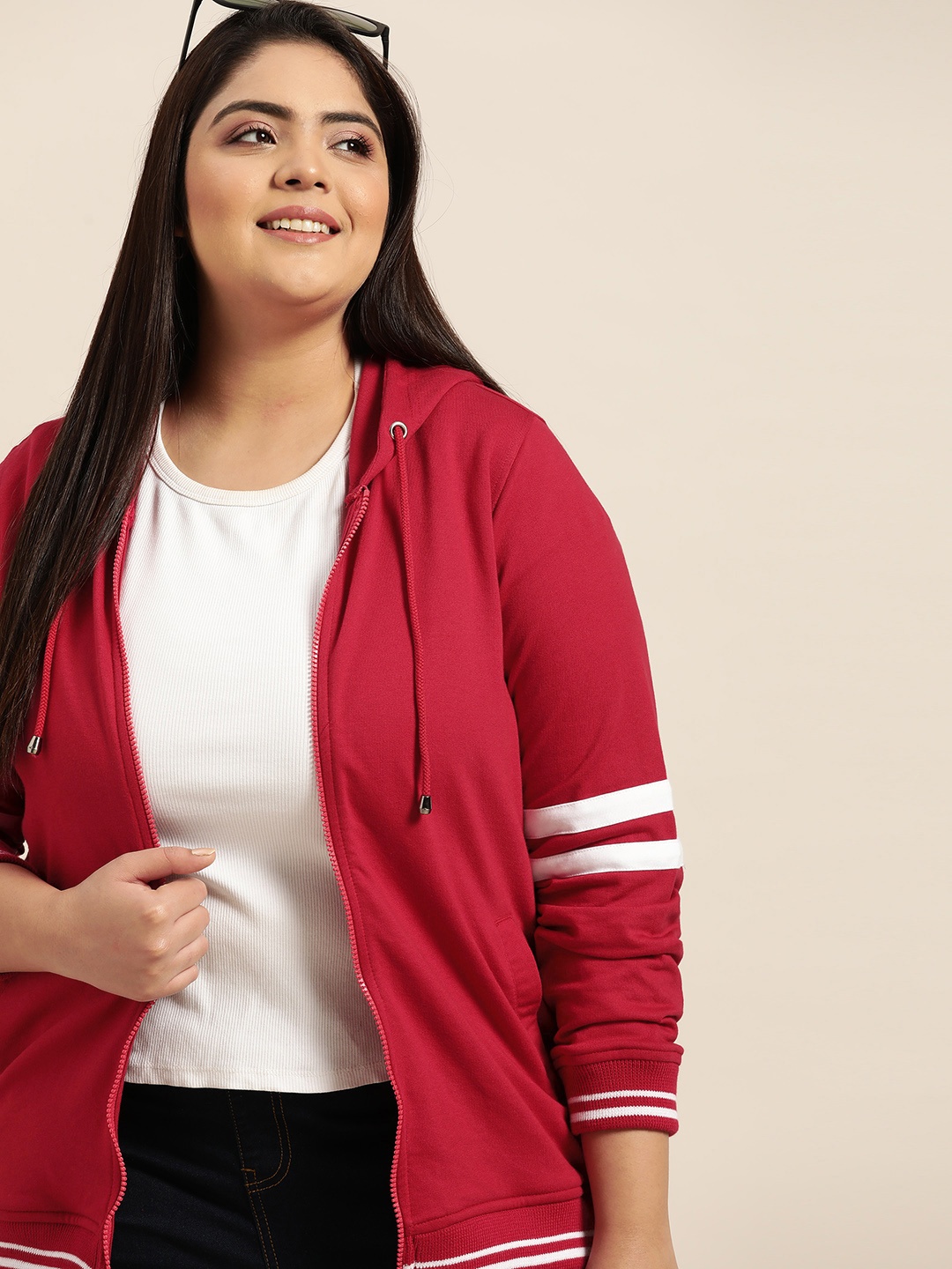 

Sztori Women Plus Size Red Solid Hooded Sweatshirt