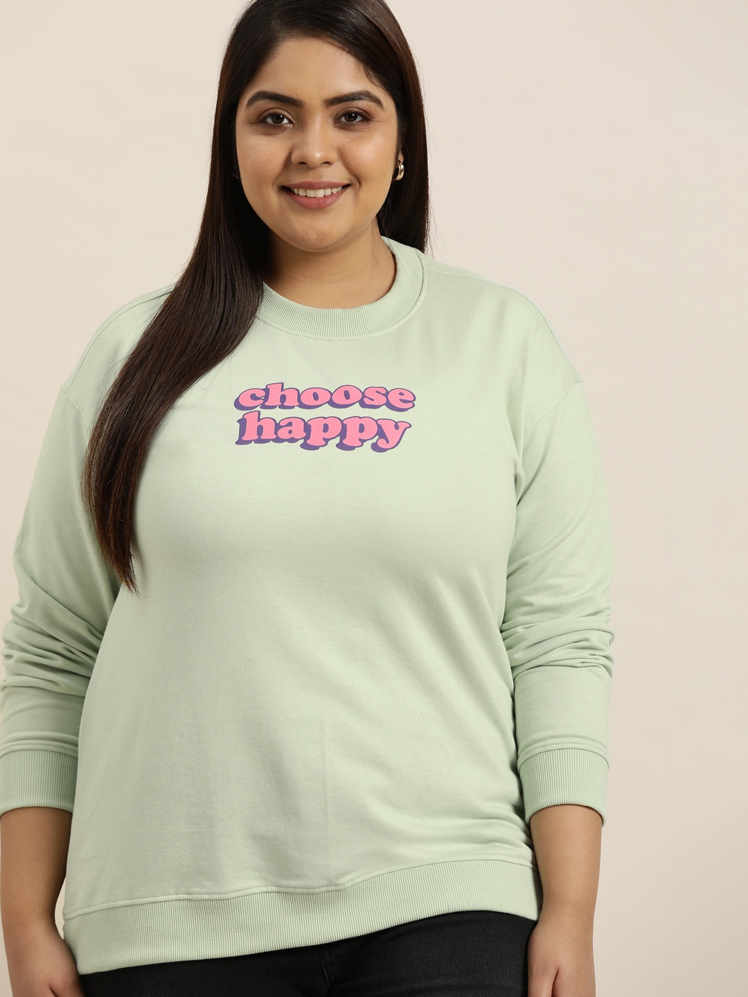 

Sztori Women Plus Size Green Printed Detail Sweatshirt
