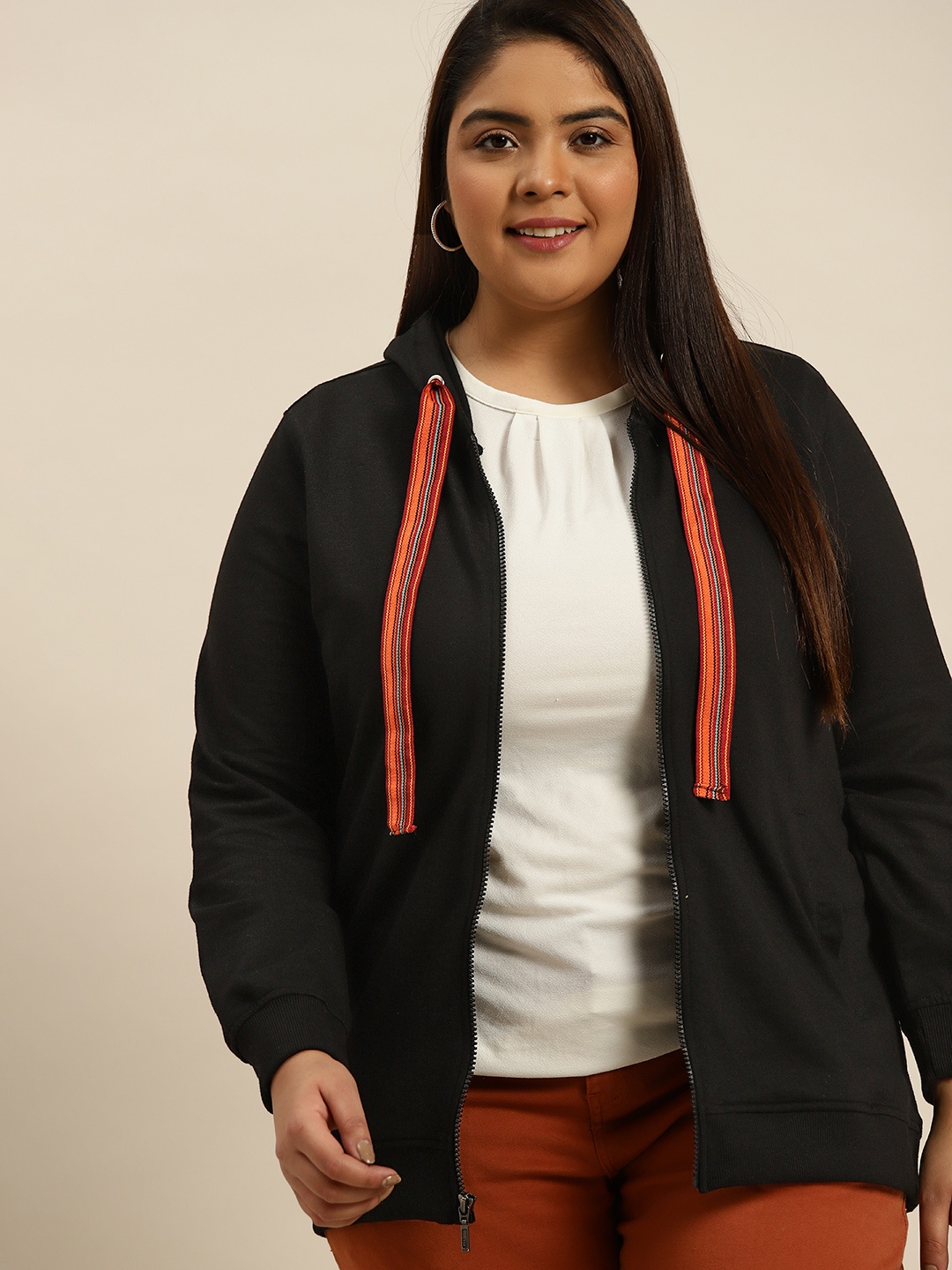 

Sztori Women Black Solid Plus Size Hooded Sweatshirt