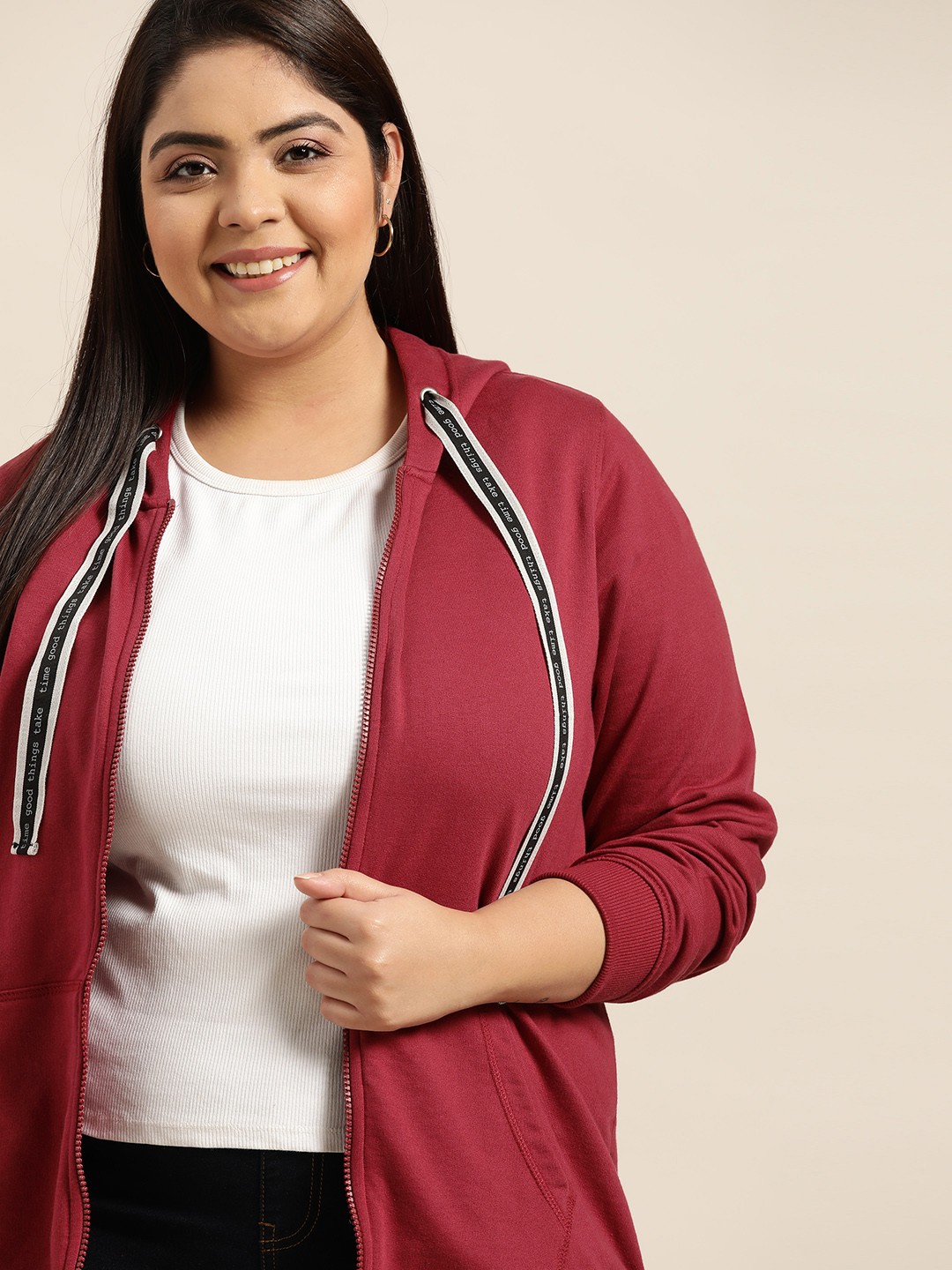 

Sztori Women Plus Size Maroon Solid Hooded Sweatshirt