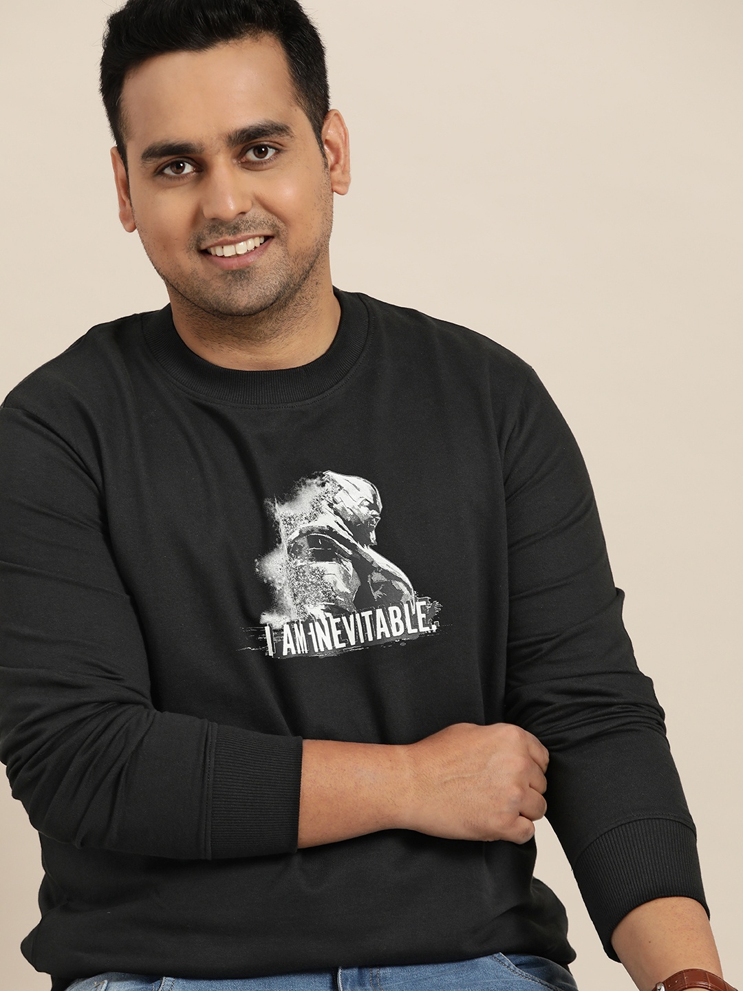 

Sztori Marvel Men Plus Size Black Pure Cotton Thanos Print Sweatshirt