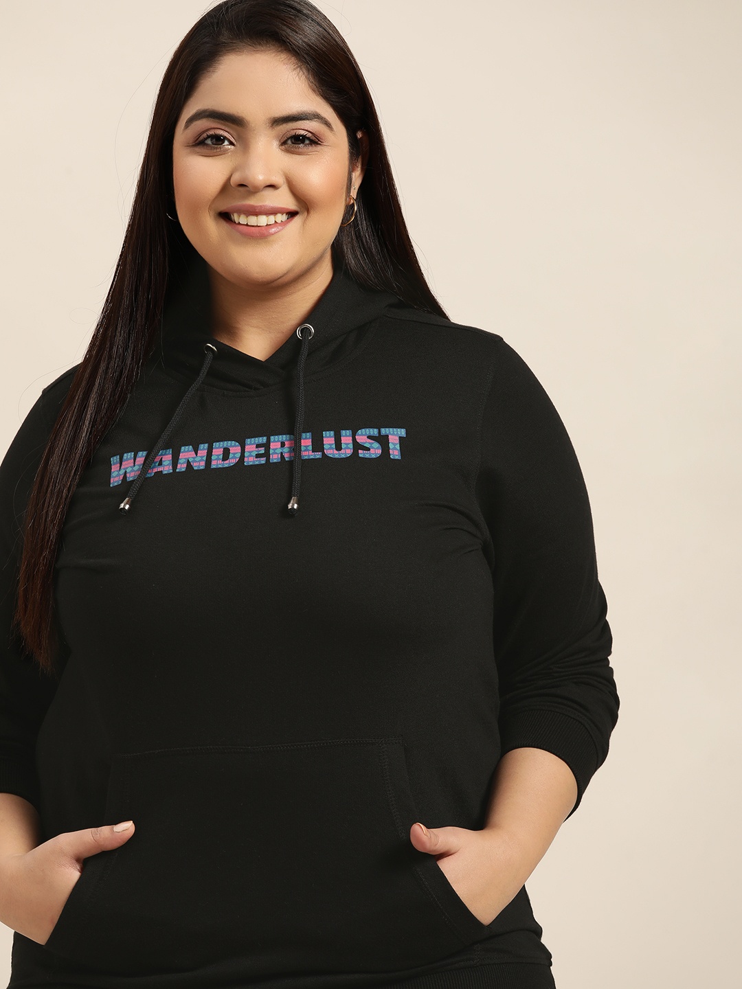 

Sztori Women Plus Size Black Printed Hooded Sweatshirt