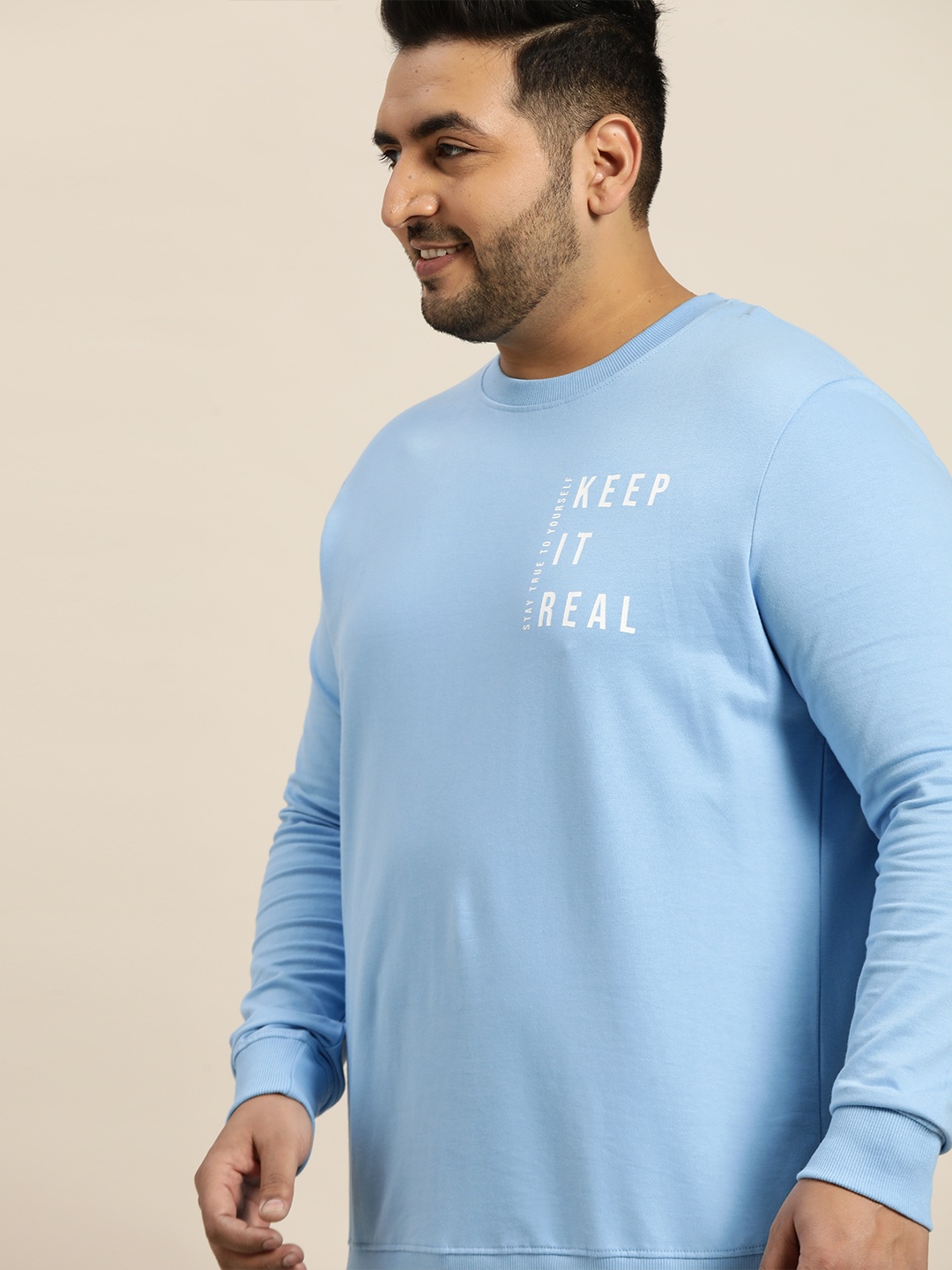

Sztori Plus Size Men Blue Pure Cotton Solid Sweatshirt with Printed Detail