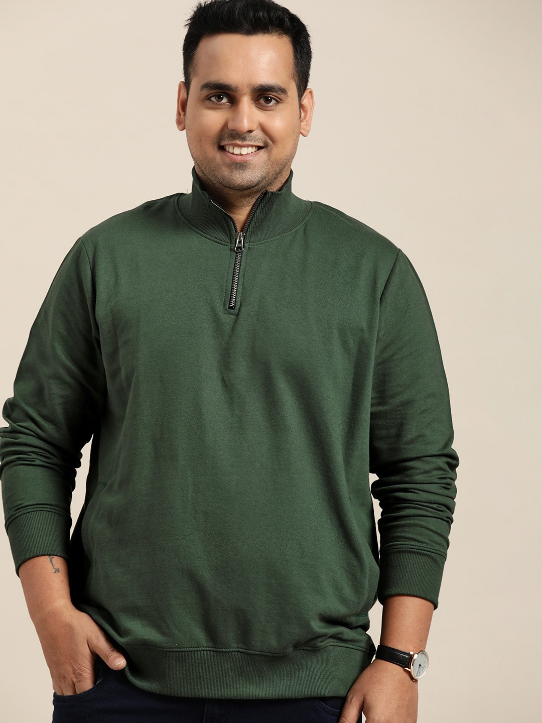 

Sztori Plus Size Men Dark Green Pure Cotton Solid Sweatshirt