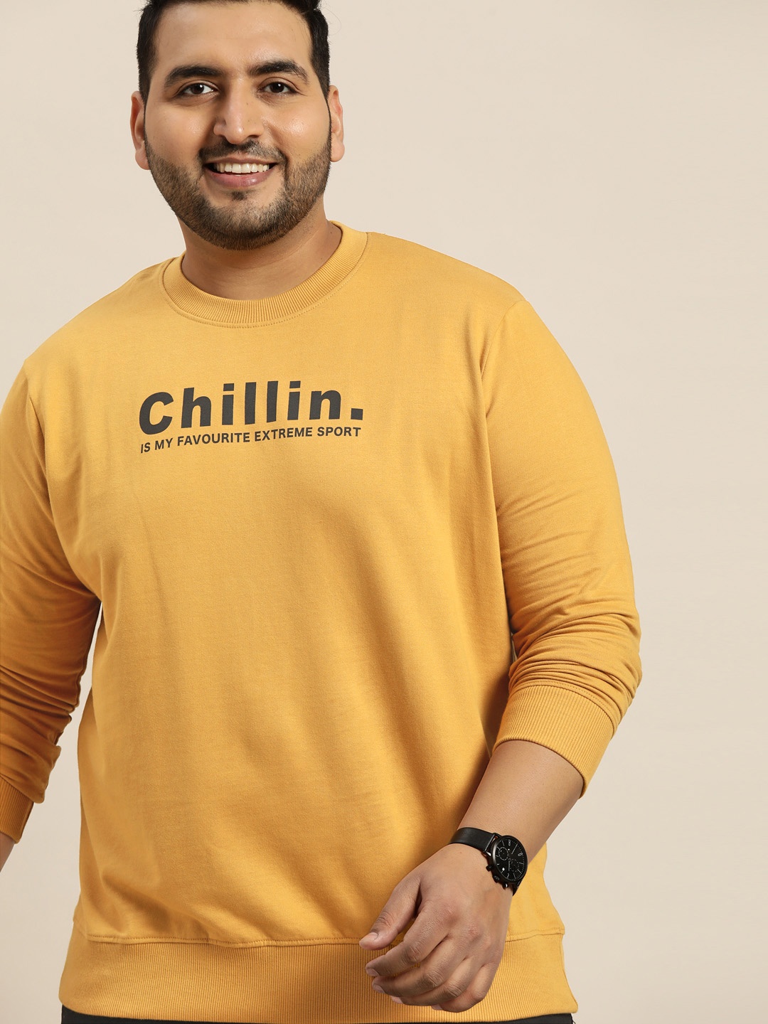 

Sztori Plus Size Men Mustard Yellow Pure Cotton Printed Sweatshirt