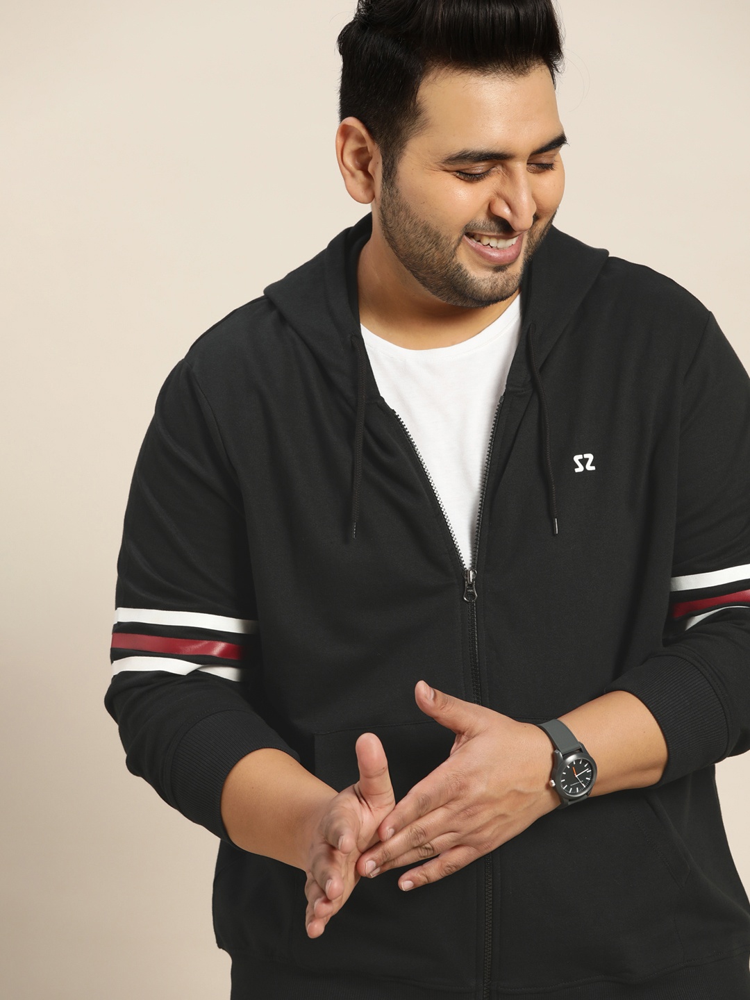 

Sztori Men Plus Size Black Pure Cotton Solid Hooded Sweatshirt