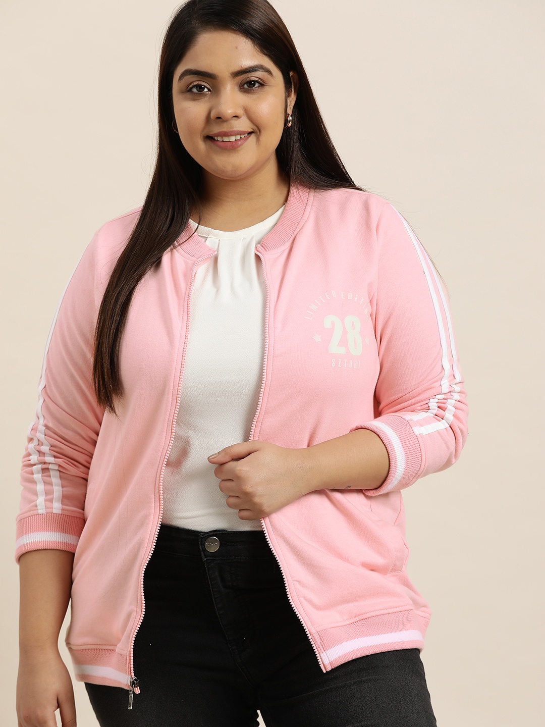 

Sztori Women Plus Size Pink & White Printed Detail Sweatshirt