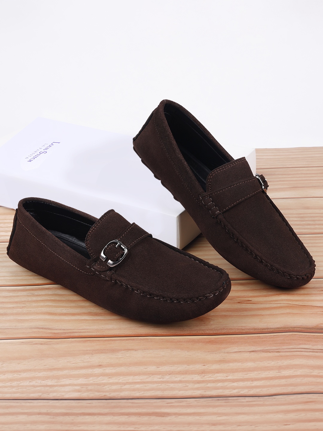 

LOUIS STITCH Men Classic Handmade Suede Driving Loafers, Coffee brown