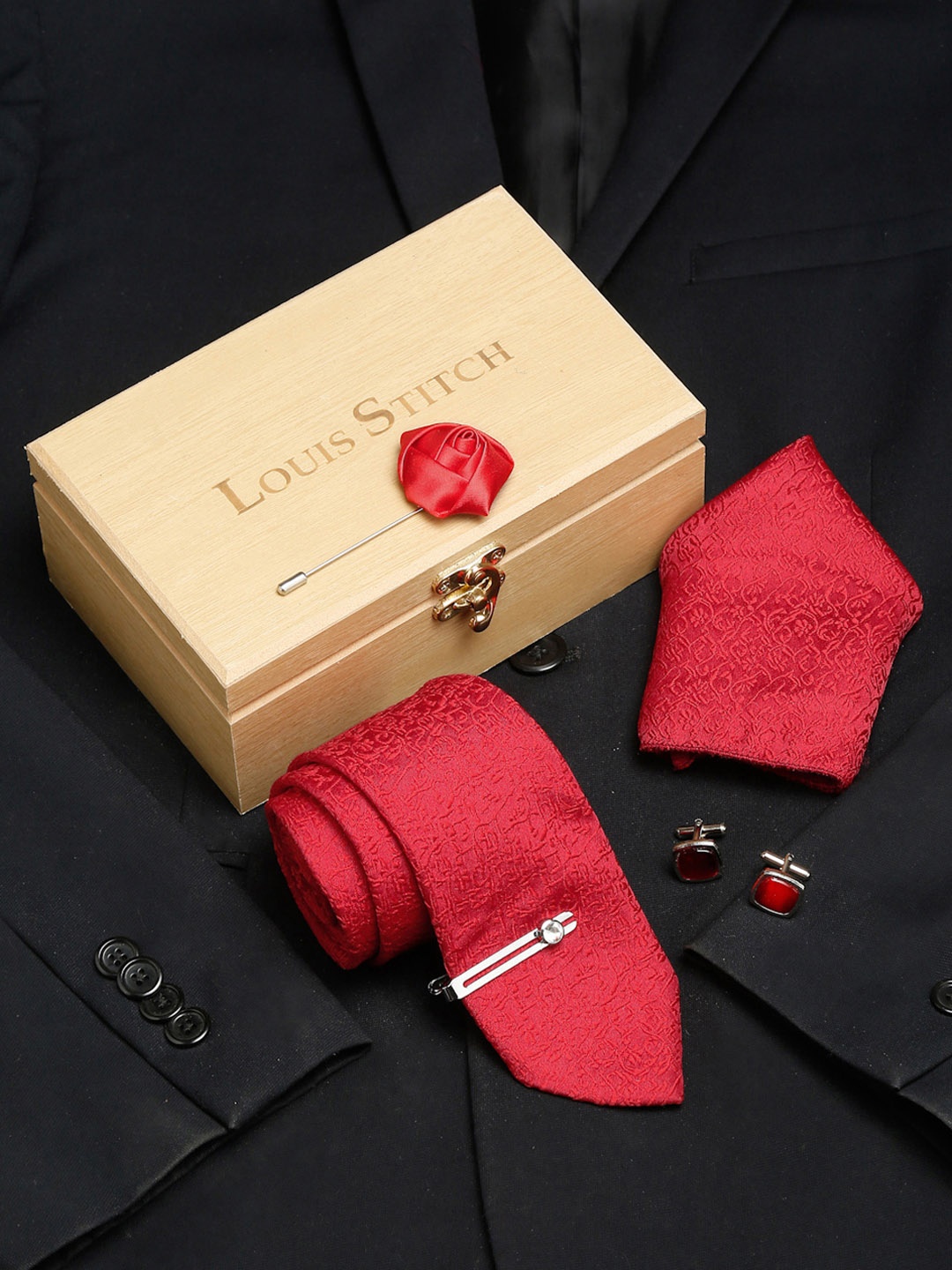 

LOUIS STITCH Silk Necktie Accessory Gift Set, Red