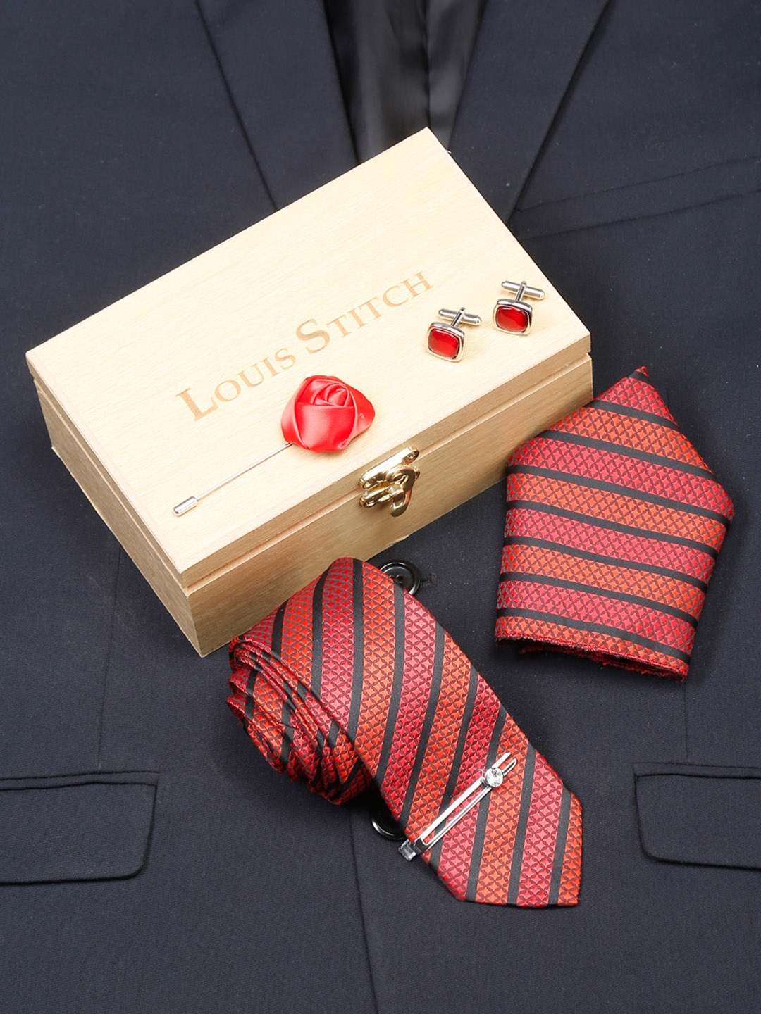 

LOUIS STITCH Men Silk Necktie Accessory Gift Set, Red