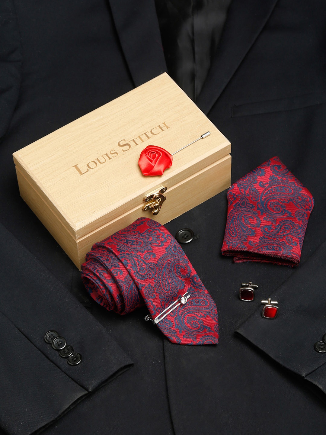 

LOUIS STITCH Men Candy Red Italian Silk Necktie Accessory Gift Set