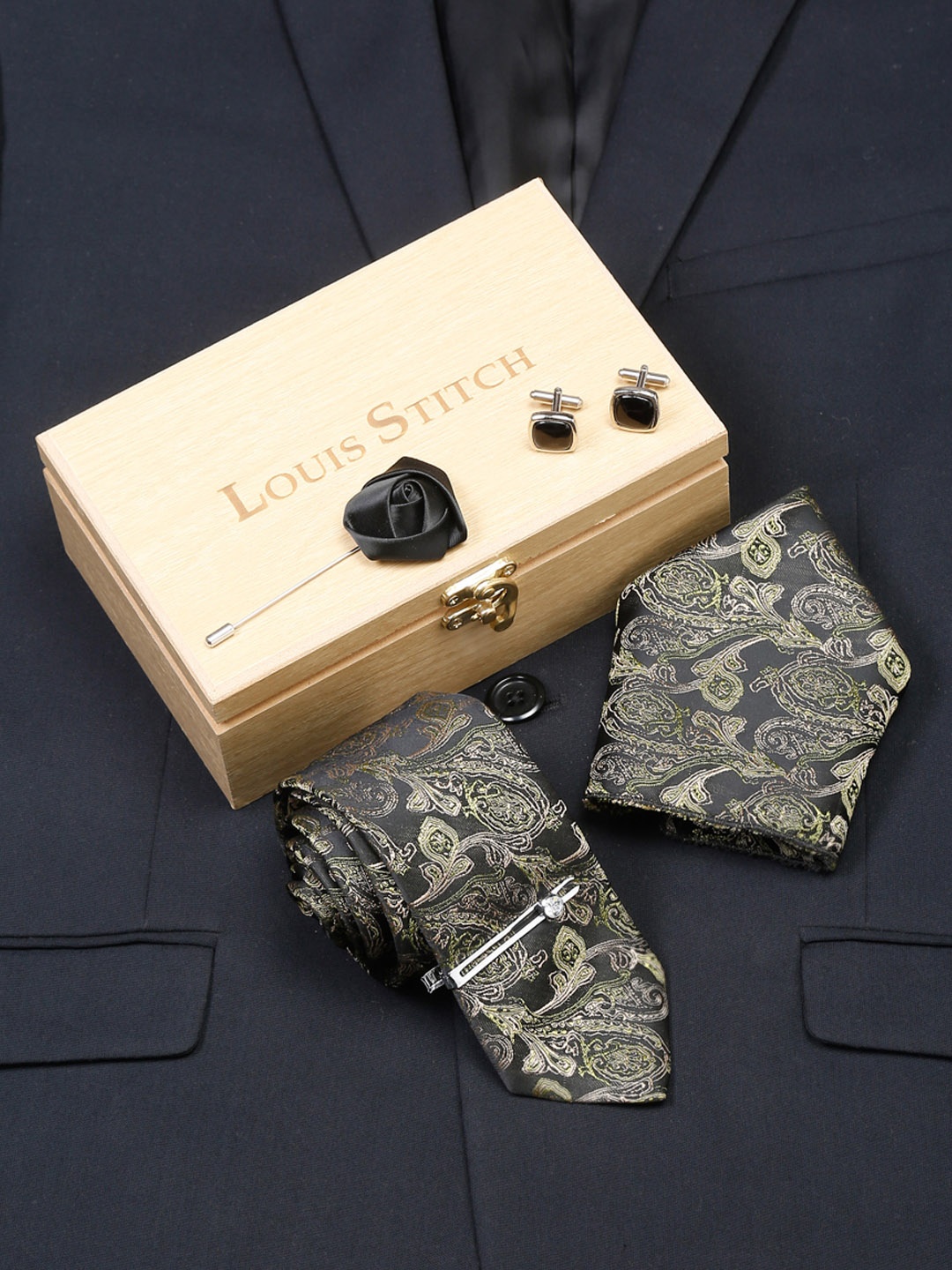 

LOUIS STITCH Men Italian Silk Necktie Accessory Gift Set, Green