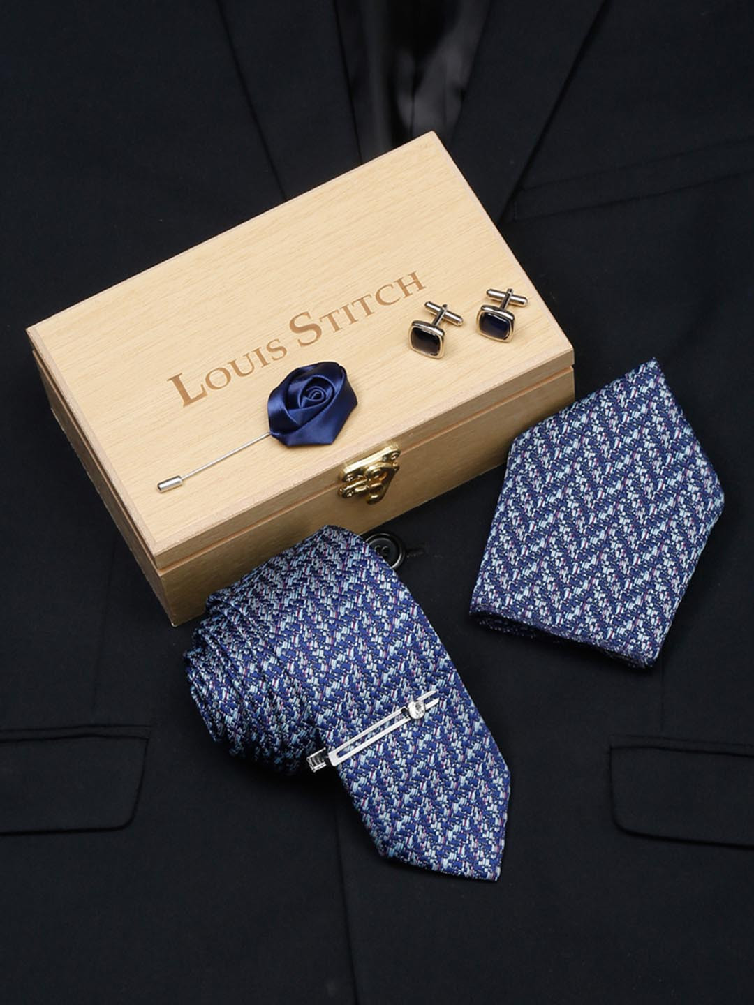 

LOUIS STITCH Men Woven Design Silk Necktie Accessory Gift Set, Blue