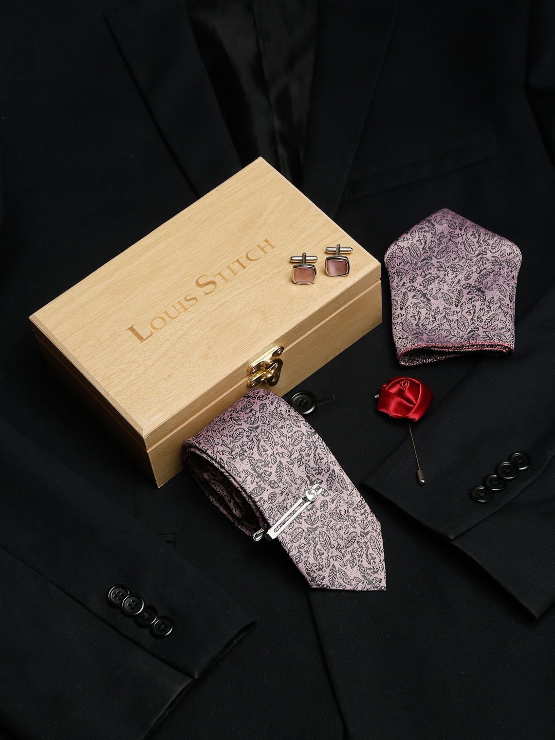 

LOUIS STITCH Men Silk Necktie Accessory Gift Set, Pink