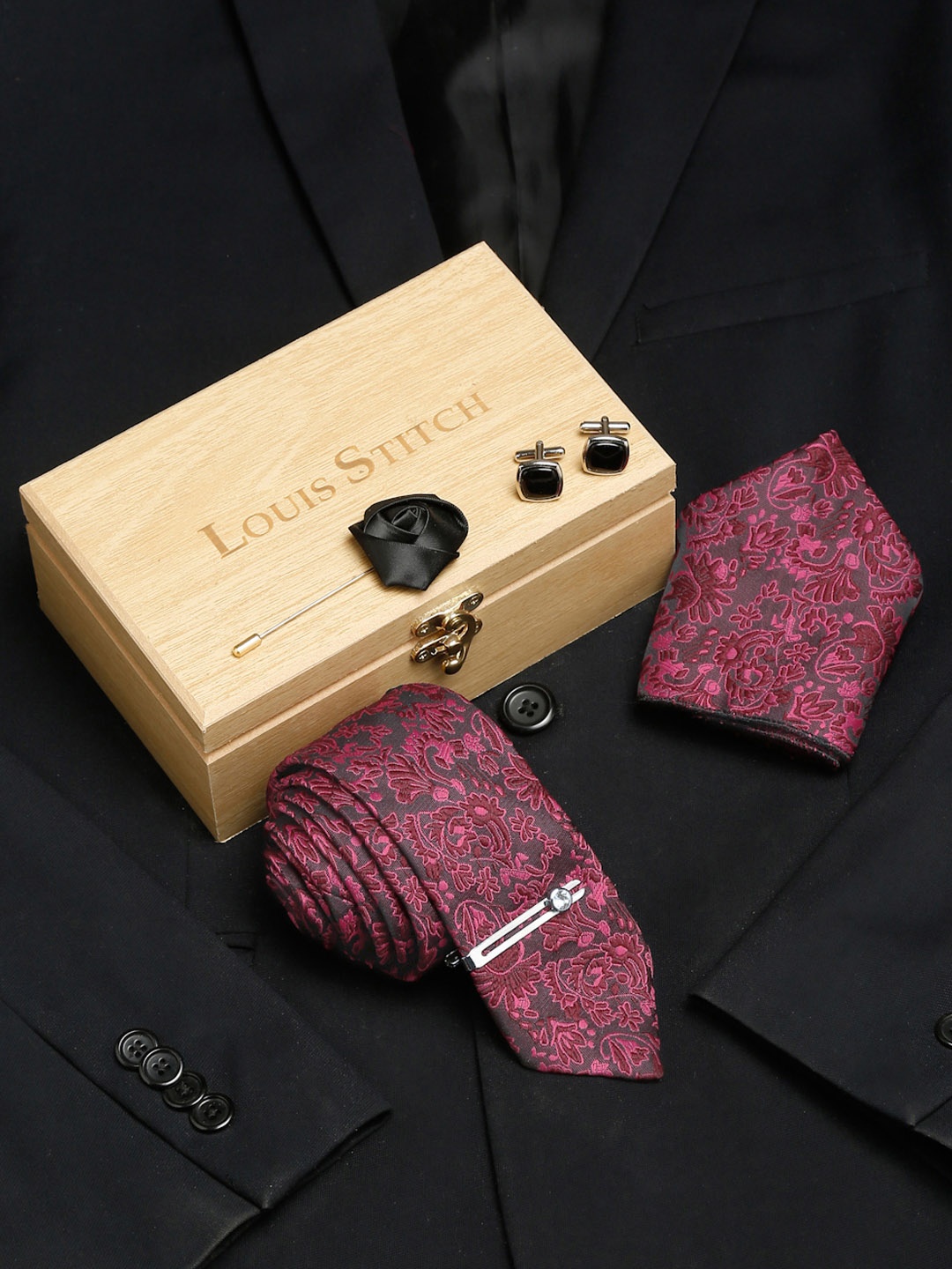 

LOUIS STITCH Men Italian Silk Necktie Accessory Gift Set, Burgundy