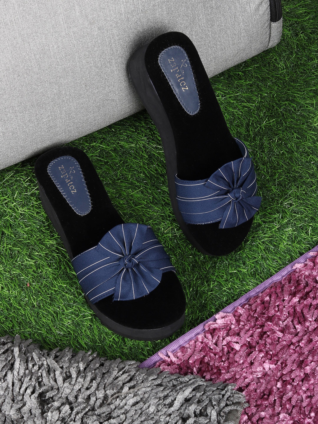 

ZAPATOZ Blue Flatform Mules with Bows