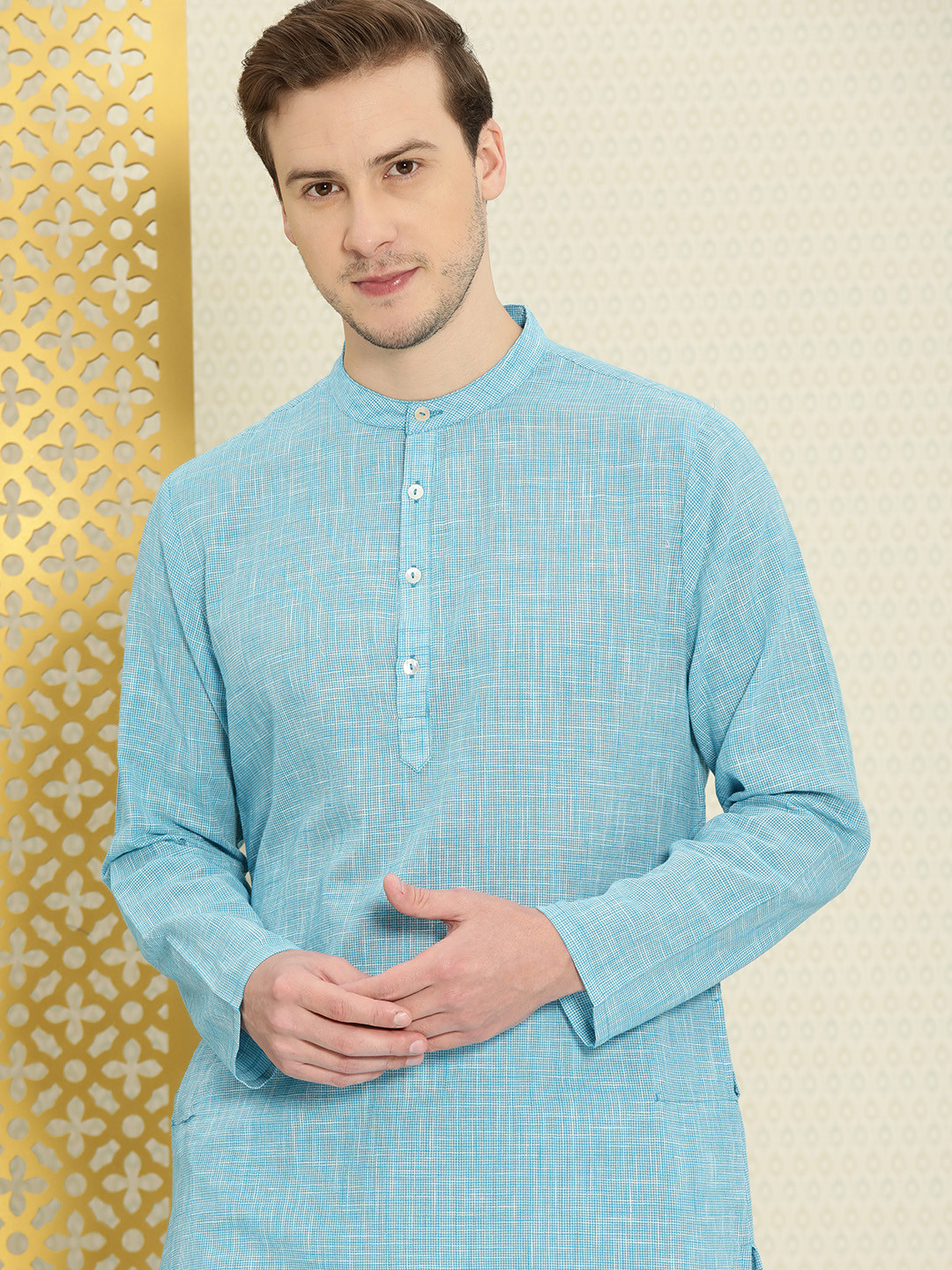 

House of Pataudi Men Blue Regular Pure Cotton Rozana Kurta with Trousers