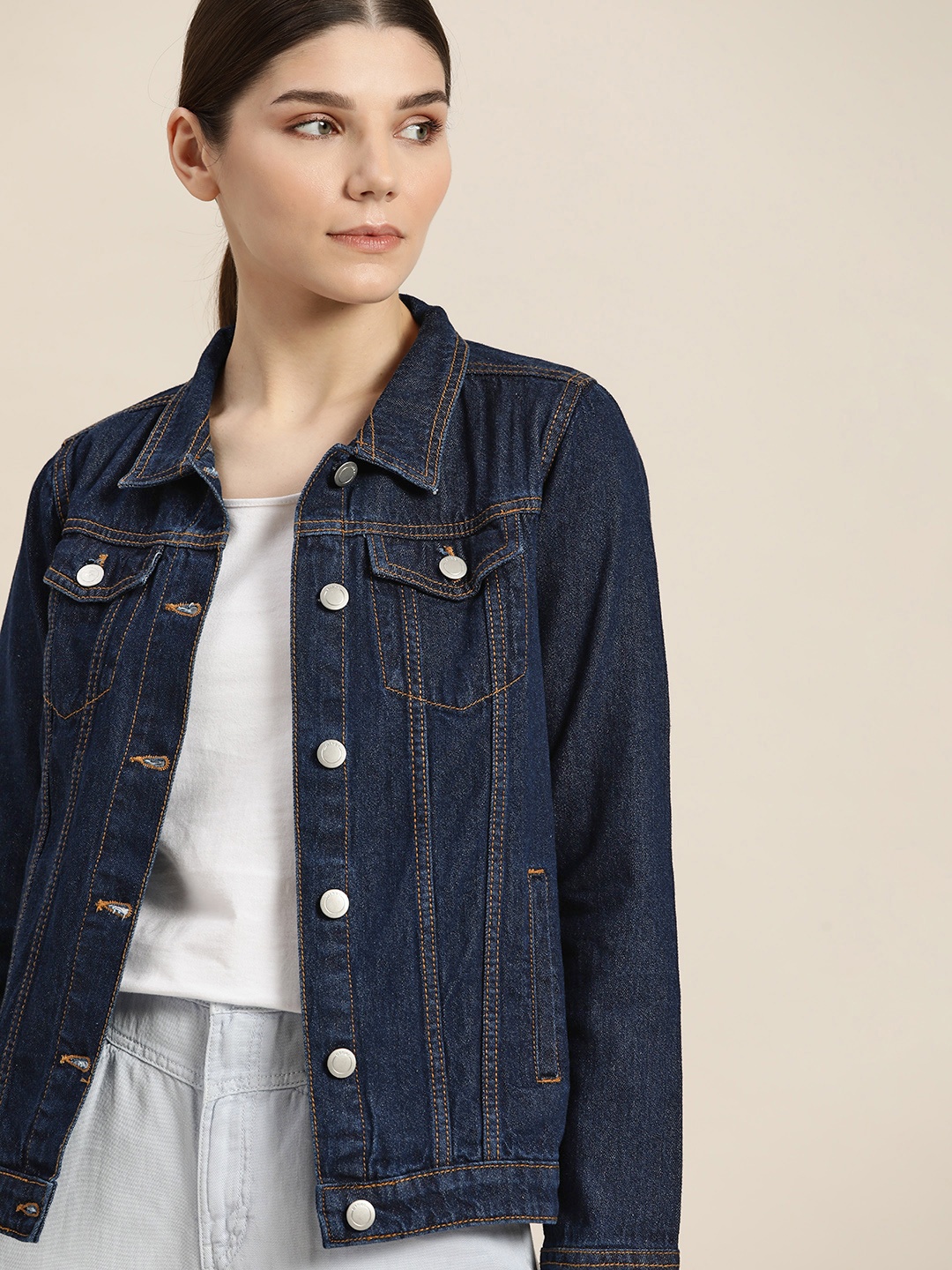 

ether Women Navy Blue Solid Pure Cotton Denim Jacket