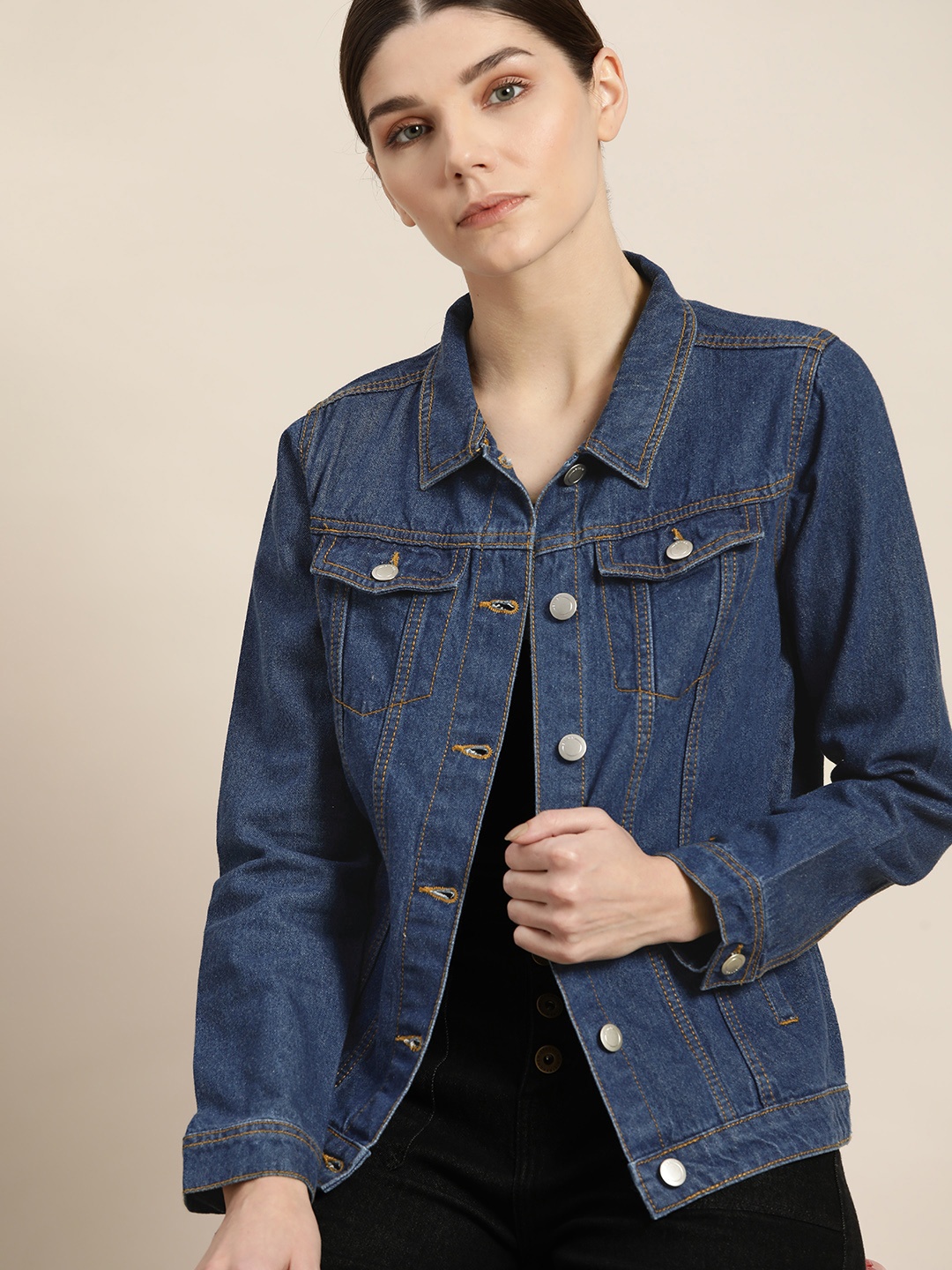 

ether Women Blue Solid Pure Cotton Denim Jacket
