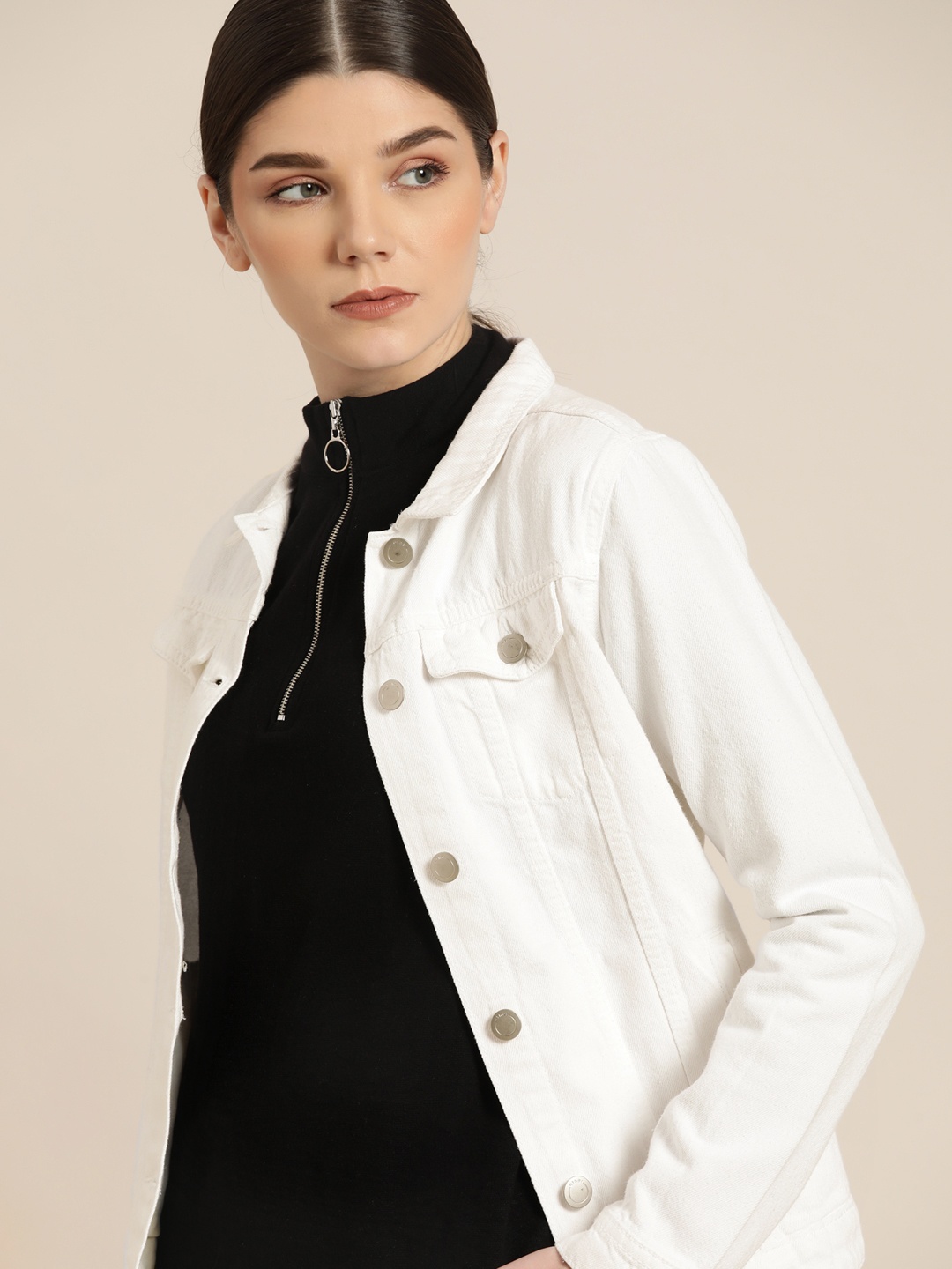 

ether Women White Solid Denim Jacket