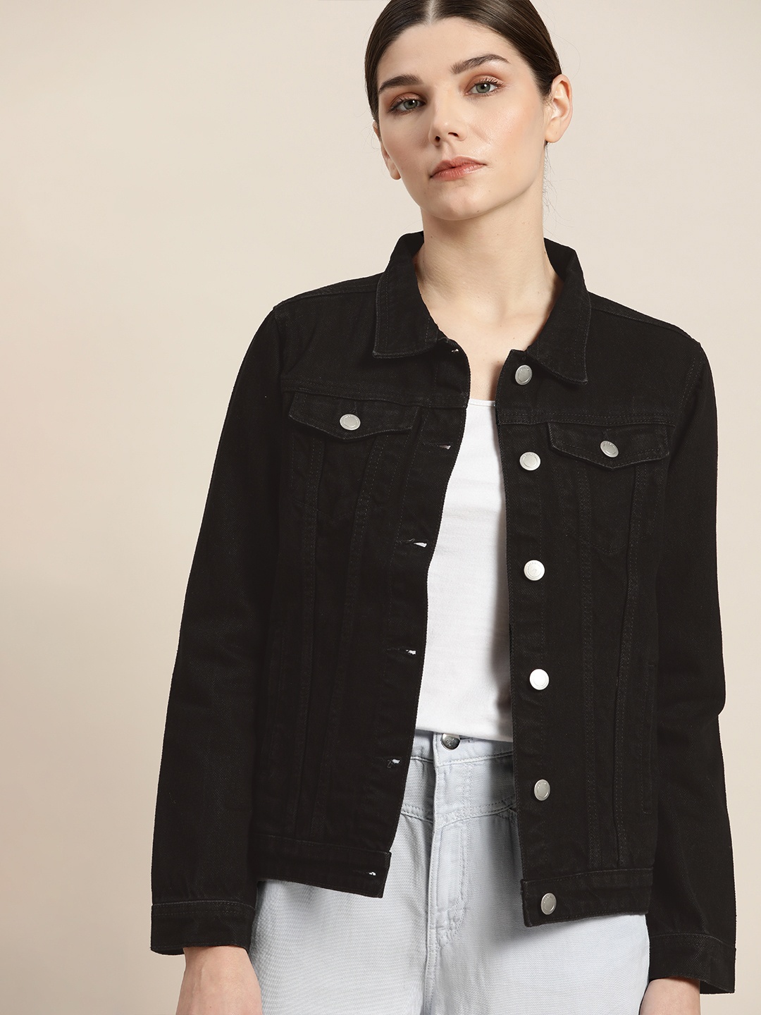 

ether Women Black Solid Pure Cotton Denim Jacket