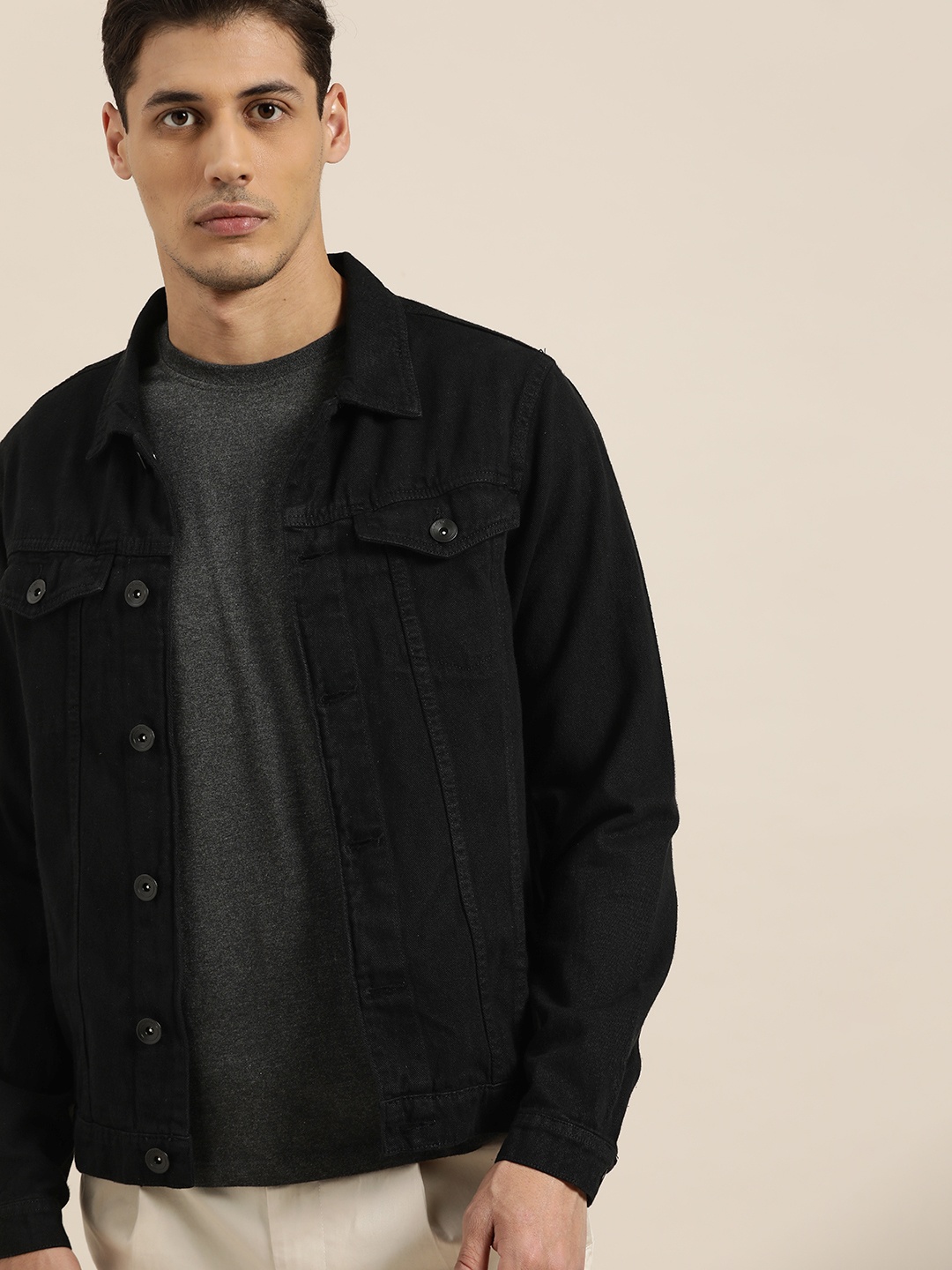 

ether Men Black Pure Cotton Denim Jacket