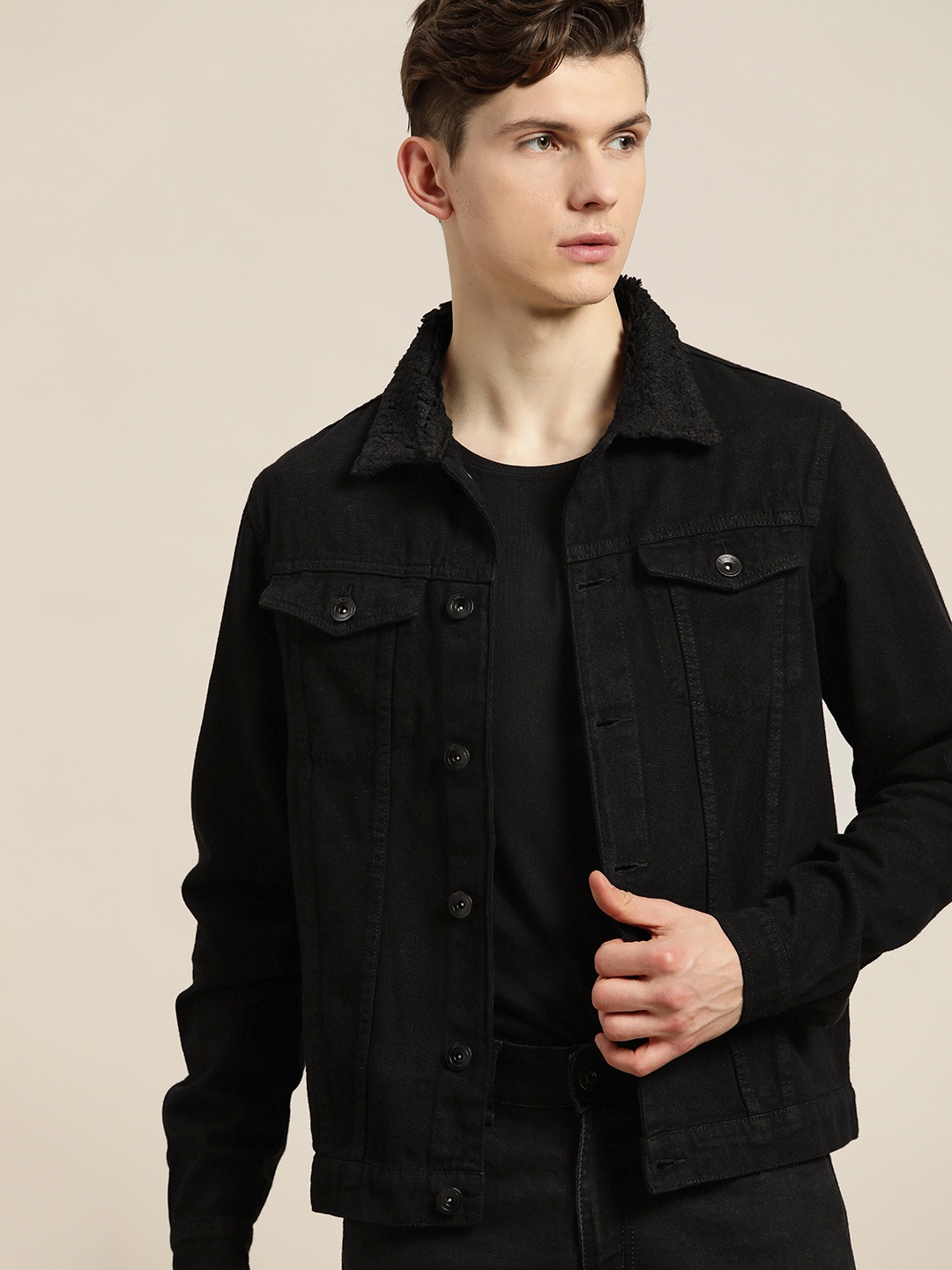 

ether Men Black Pure Cotton Solid Denim Jacket