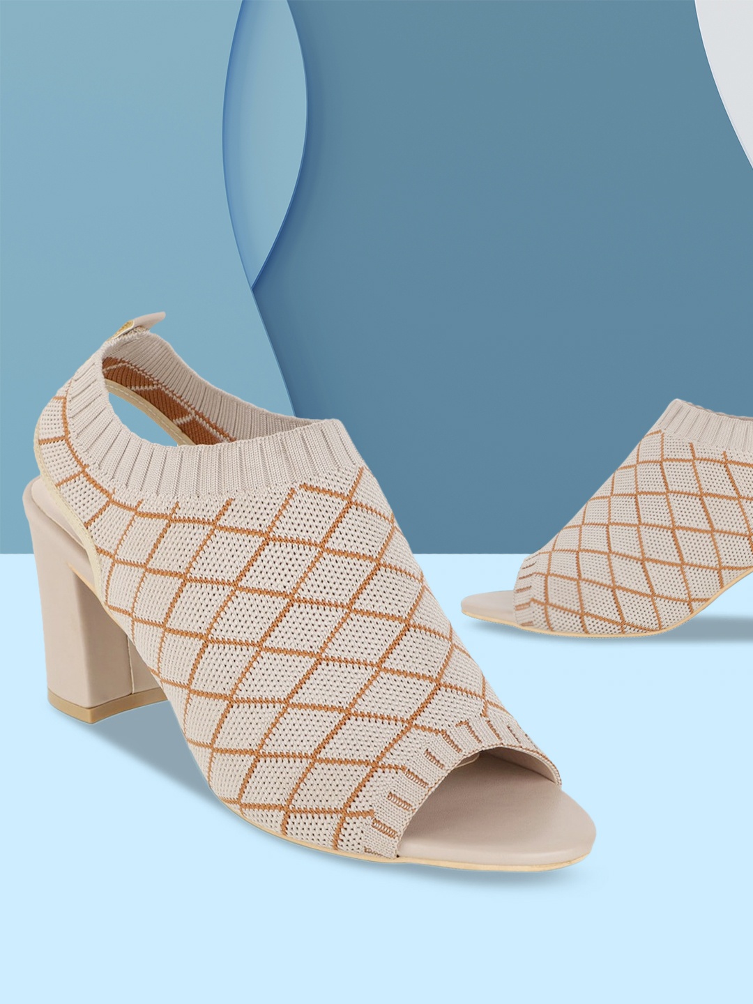 

Sherrif Shoes Beige & Brown Checked Block Heeled Peep Toes