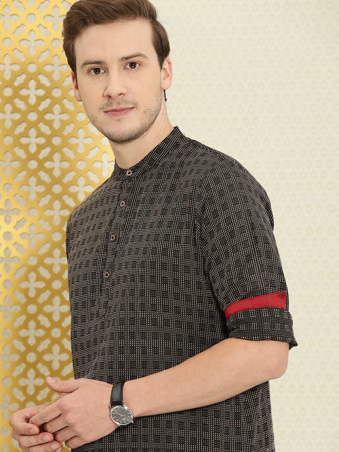 

House of Pataudi Men Black & Grey Geometric Print Rozana Kurta