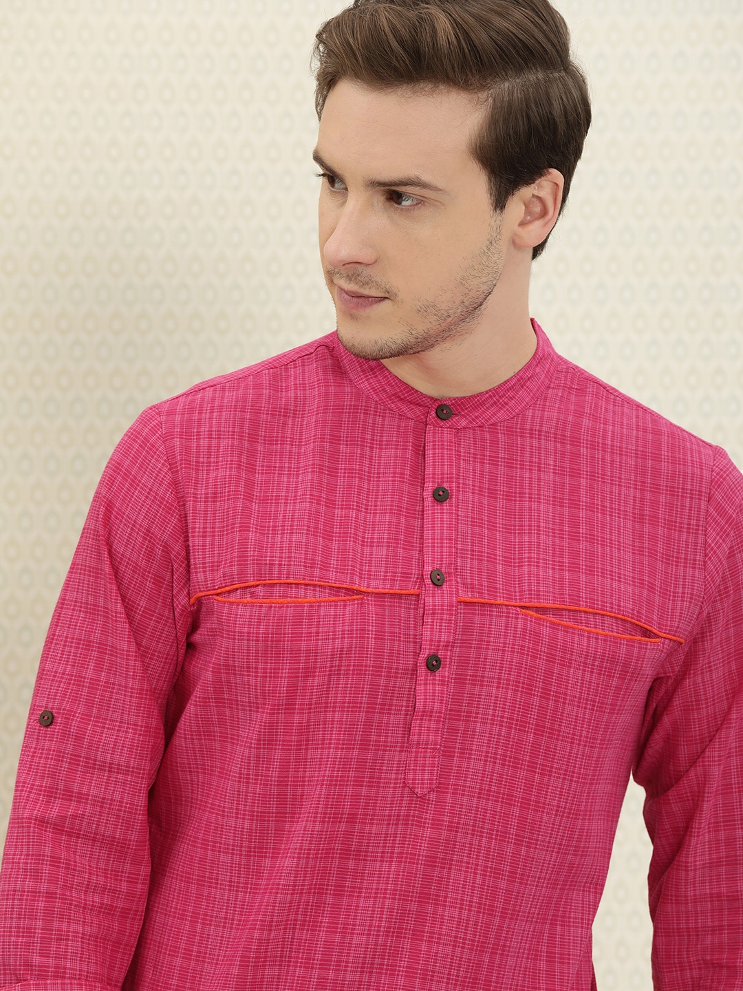 

House of Pataudi Men Pink Striped Kurta