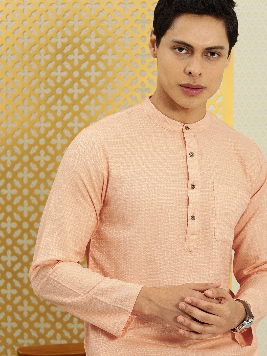 

House of Pataudi Men Peach-Coloured Woven Design Kurta