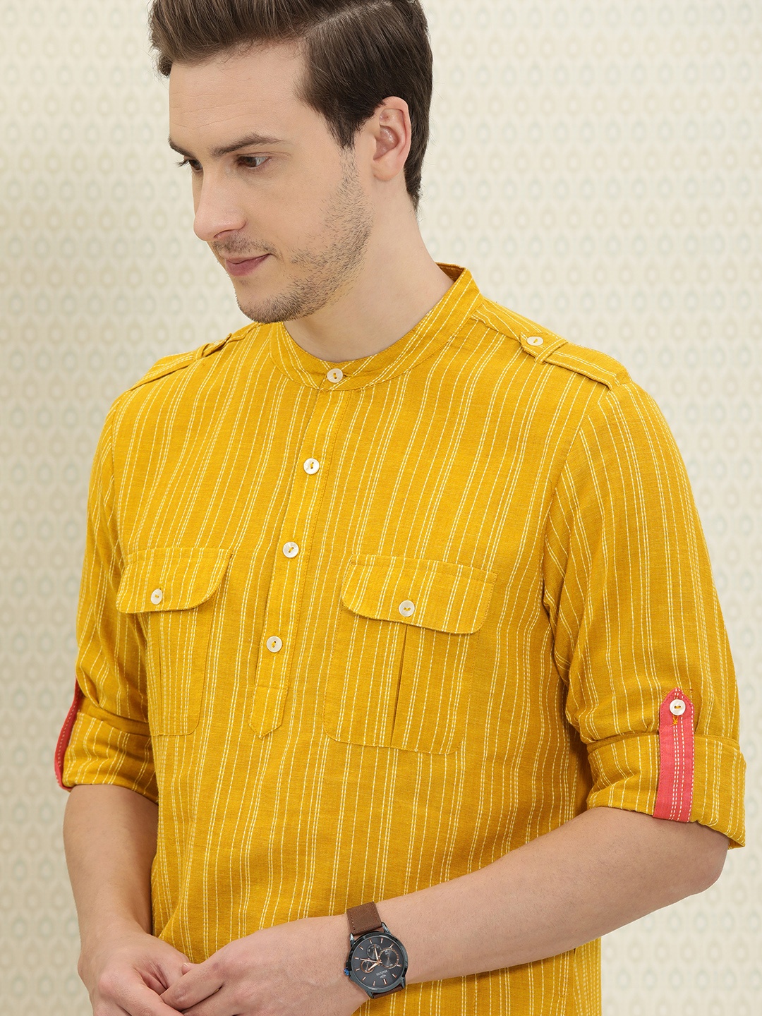 

House of Pataudi Men Mustard Yellow & White Striped Kurta