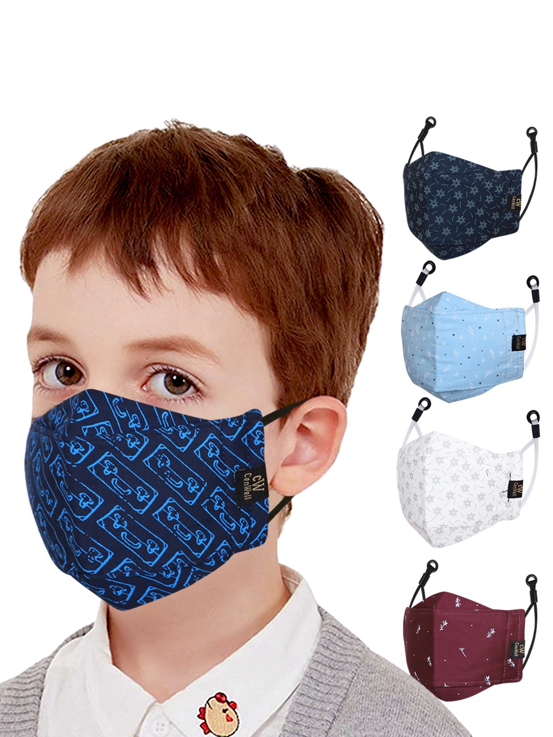 

CENWELL Kids Pack Of 5 Printed 6-Ply Reusable Pure Cotton 3D Cloth Face Masks, Blue
