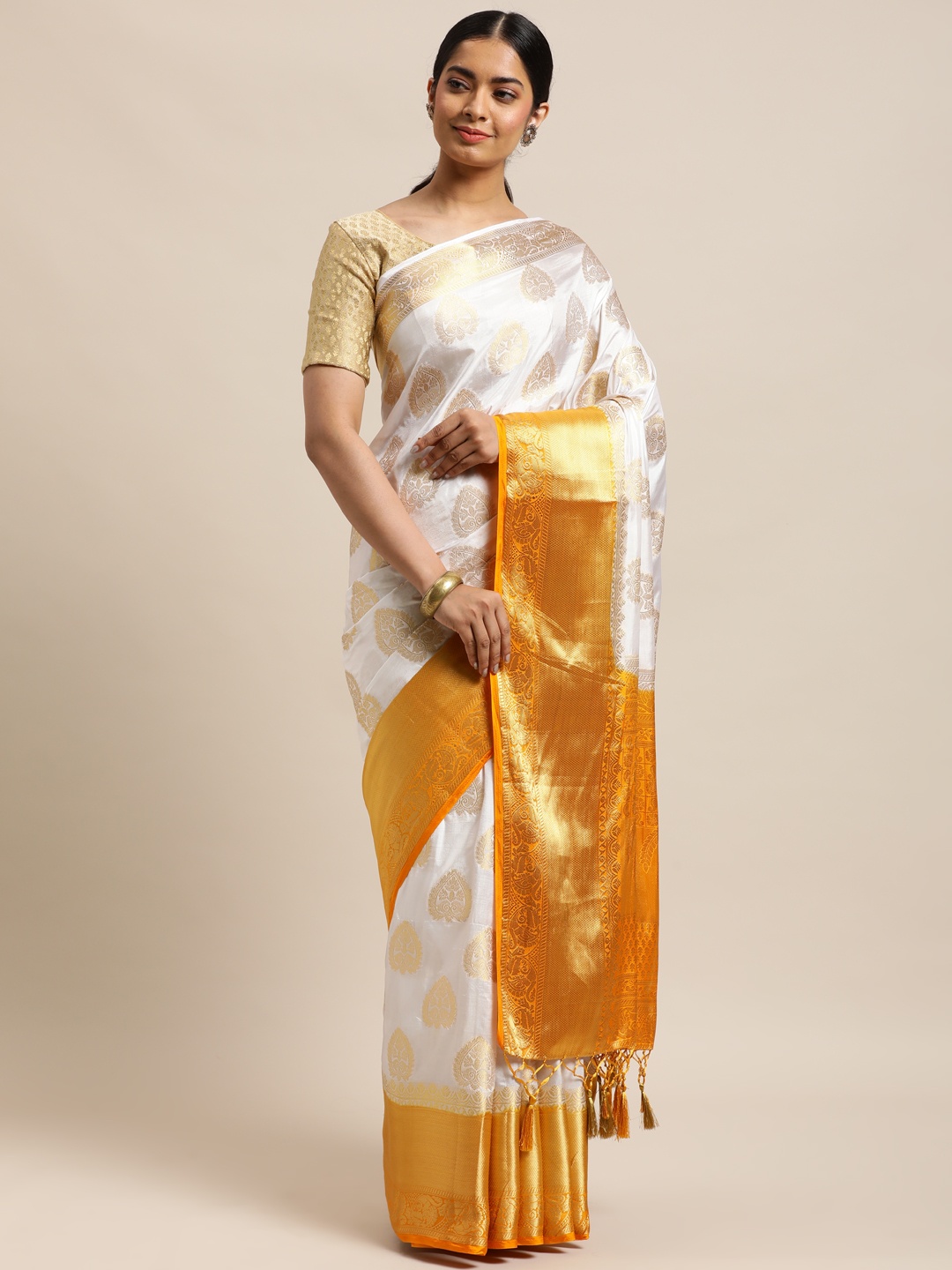 

MIMOSA Off White & Golden Ethnic Motifs Zari Art Silk Kanjeevaram Saree