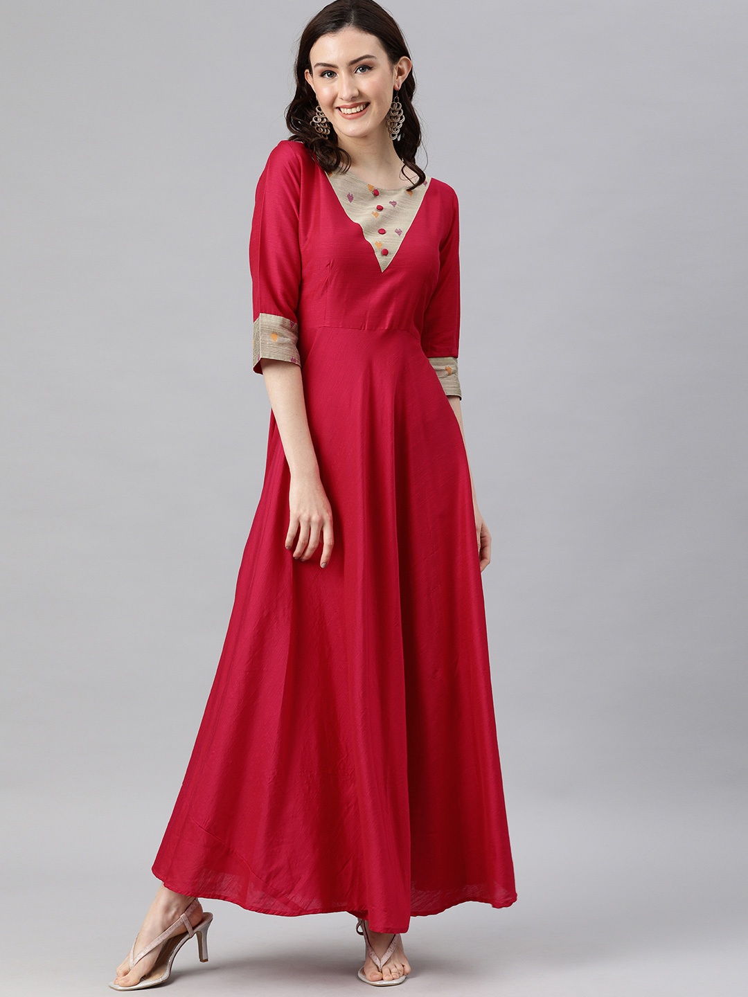 

Swishchick Women Red Solid Ethnic Fit and Flare Maxi Dress