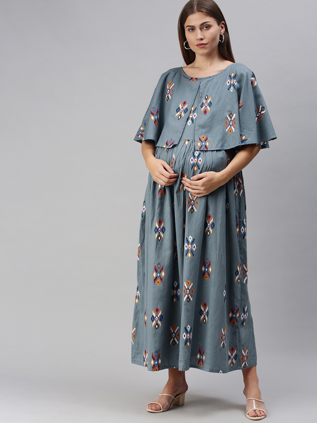 

Swishchick Grey & Red Bohemian Print Layered Cotton Maternity Maxi Fit & Flare Dress