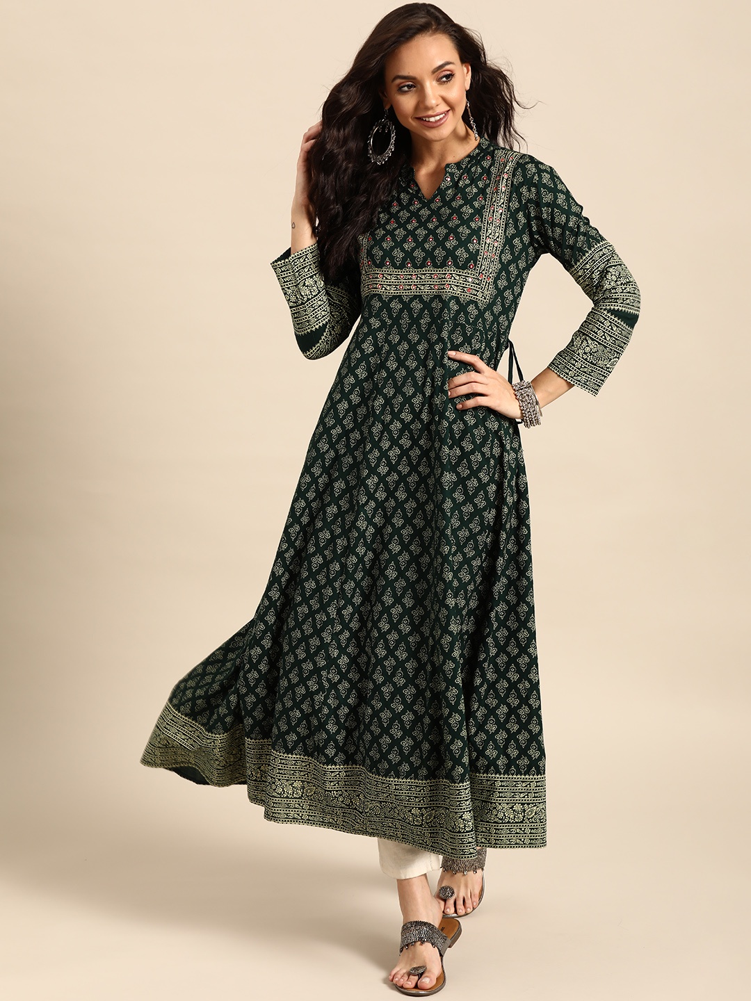 

Prakrti Women Green & Golden Handblock Boota Print Anarkali Kurta