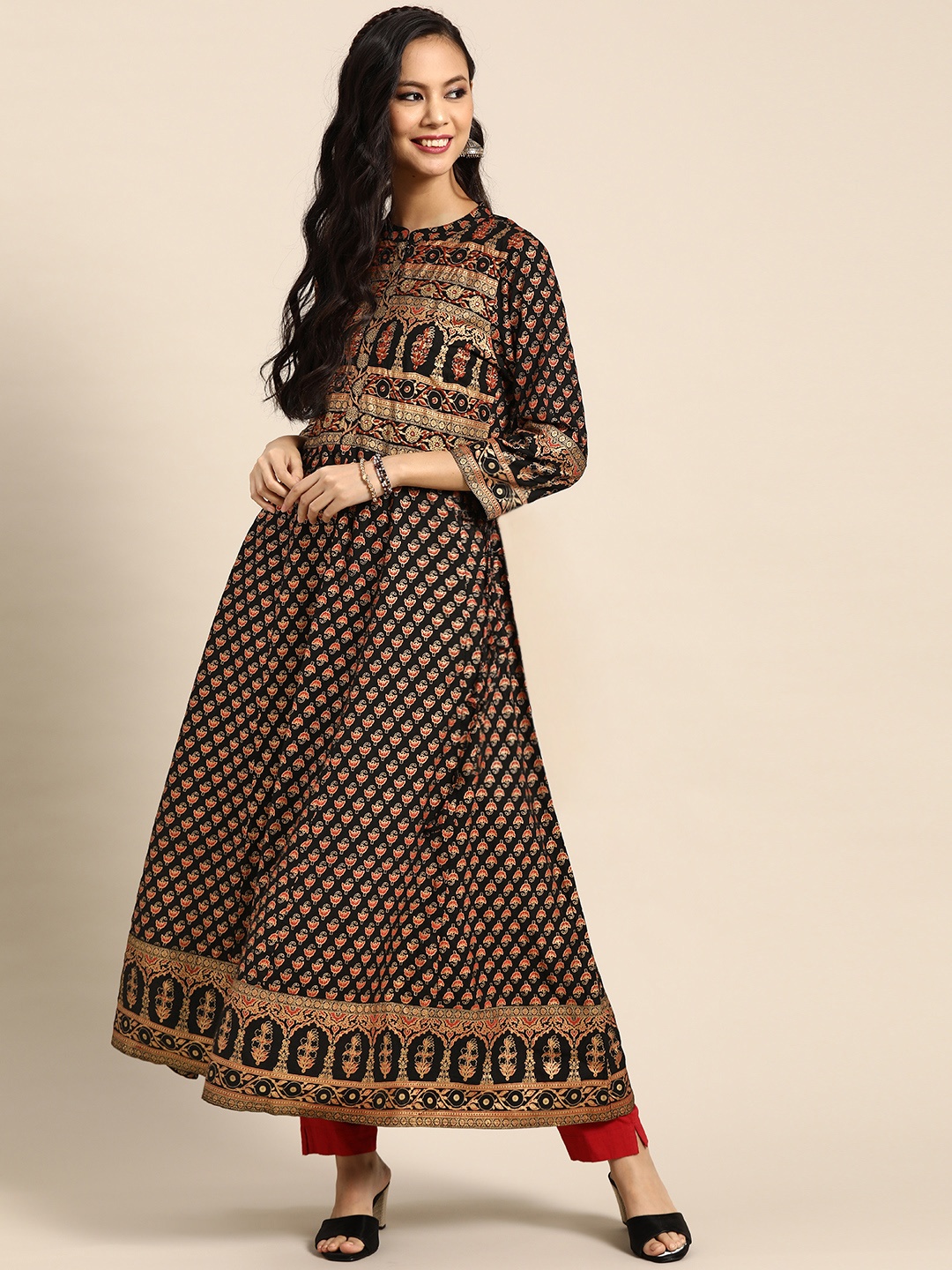 

Prakrti Women Black & Golden Handblock Print Mirror Work A-Line Kurta