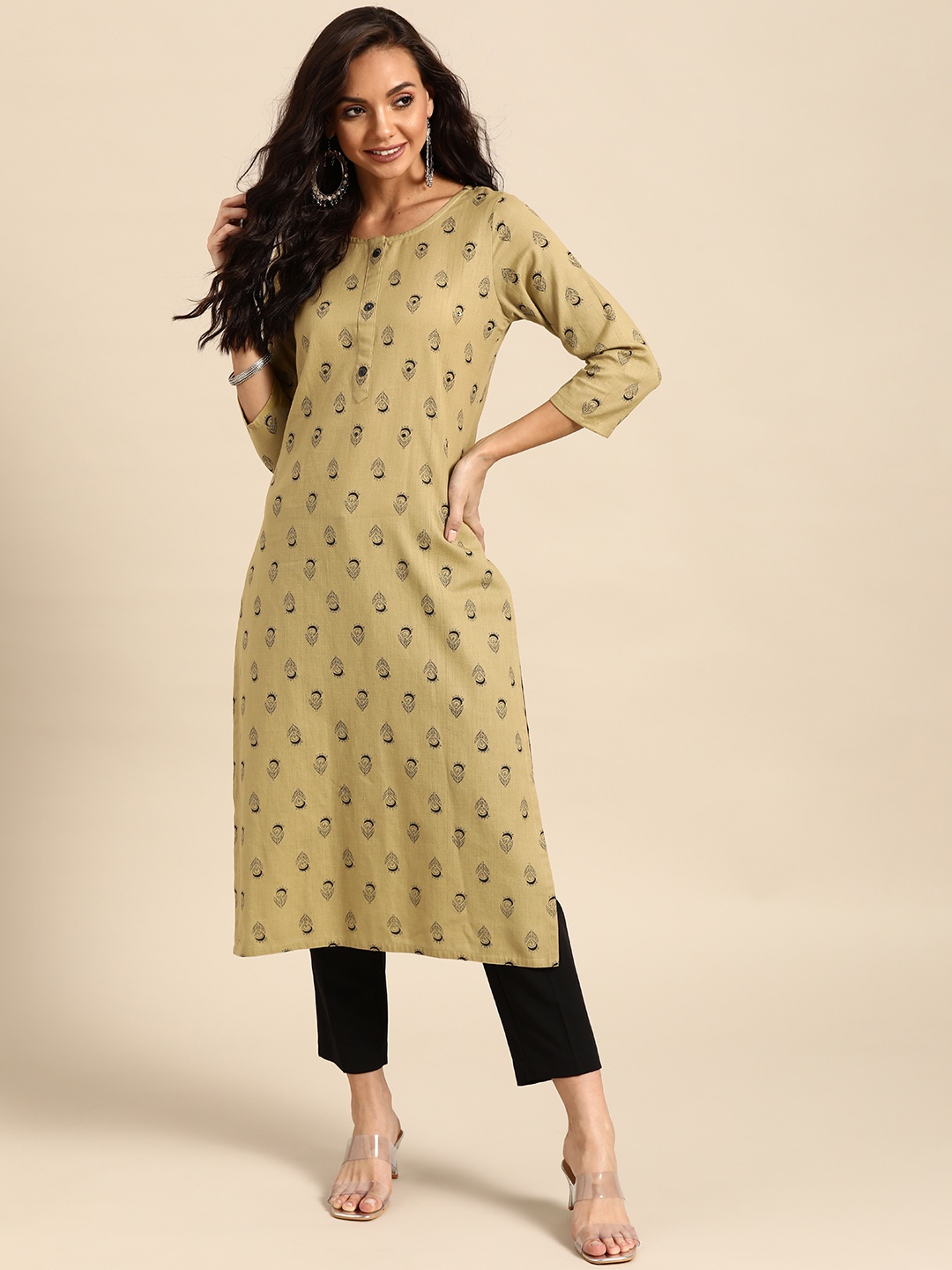 

Prakrti Women Beige & Black Pure Cotton Handblock Print Straight Kurta