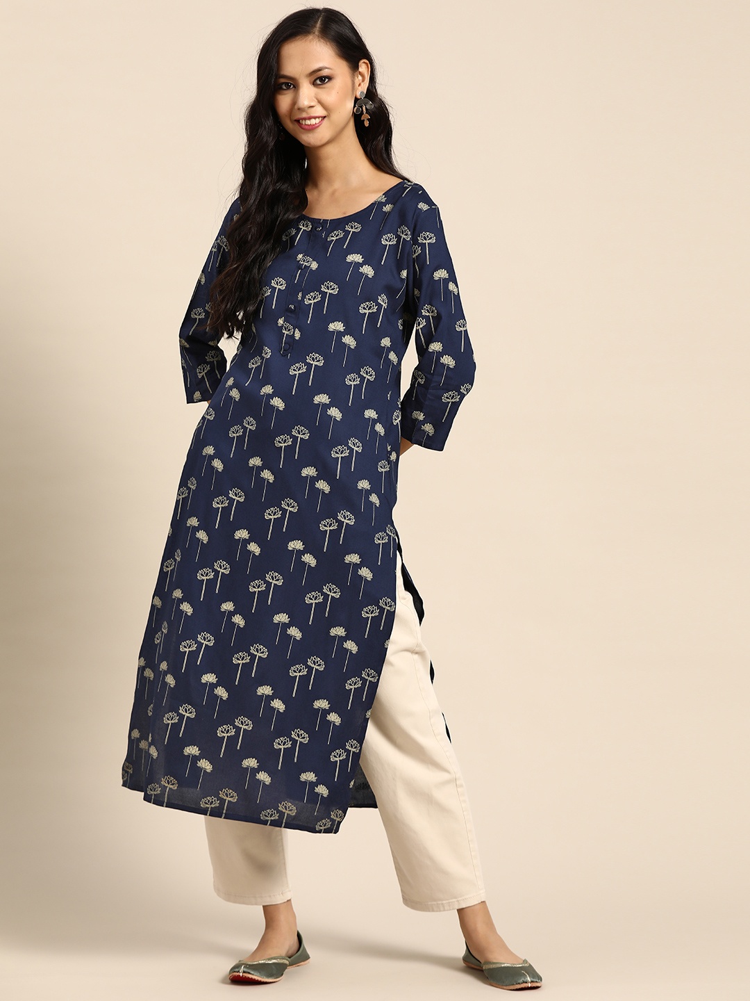 

Prakrti Women Navy Blue & Cream-Coloured Handblock Print Straight Kurta