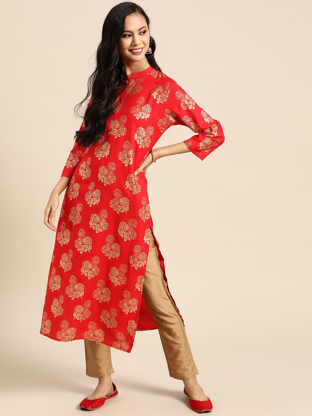 

Prakrti Women Red & Golden Handblock Print Straight Kurta